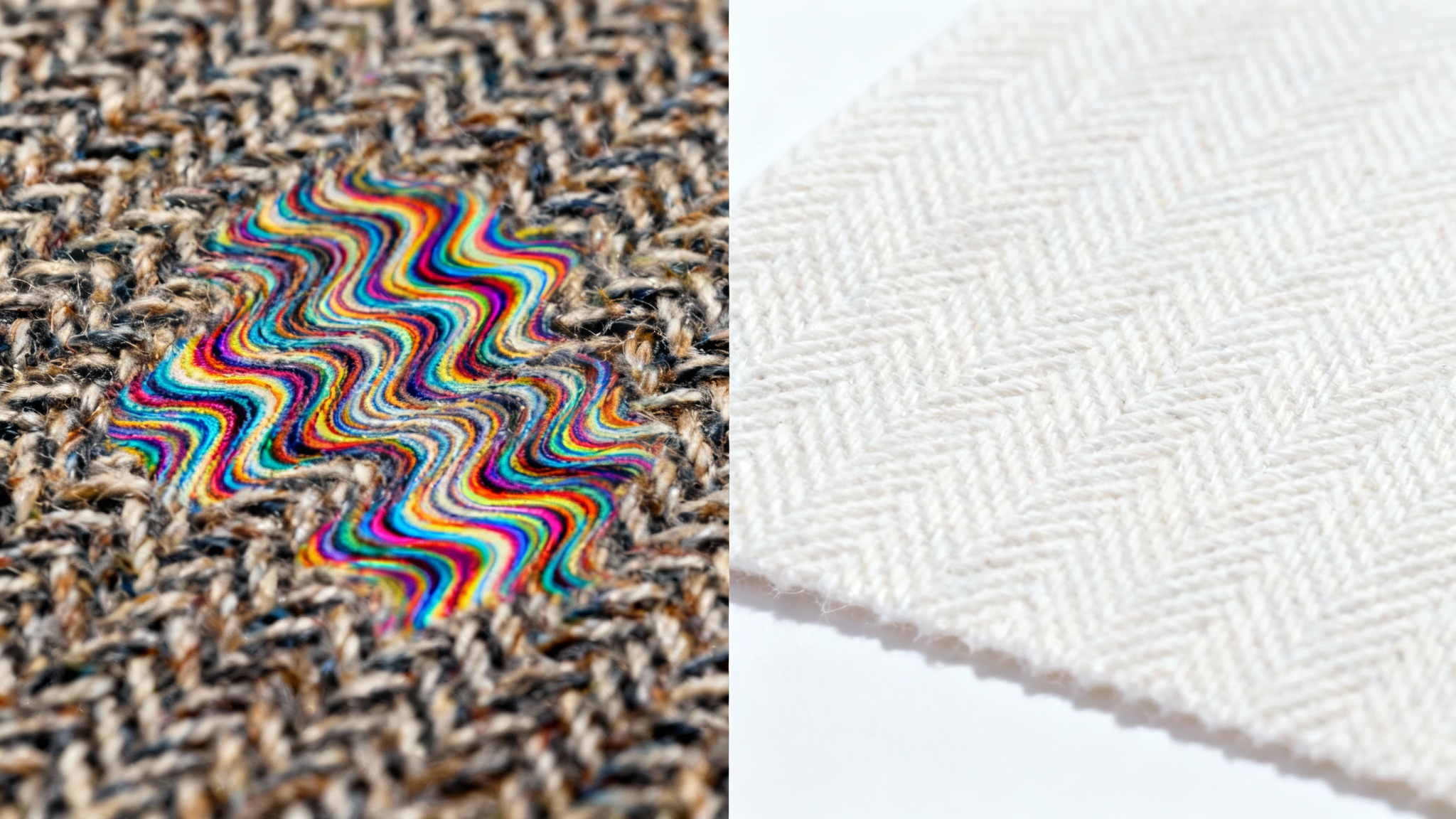 A split-screen image demonstrating moire pattern removal. The 'before' side on the left shows a textured fabric with a distracting wavy pattern, and the 'after' side on the right shows the same fabric perfectly crisp and clear.