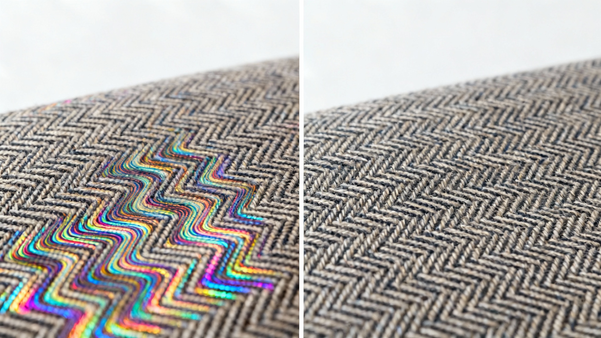 A before-and-after comparison of an image with a moire pattern. The left side shows a fabric texture distorted by wavy lines, while the right side shows the same texture perfectly clear and sharp, demonstrating the moire removal effect.