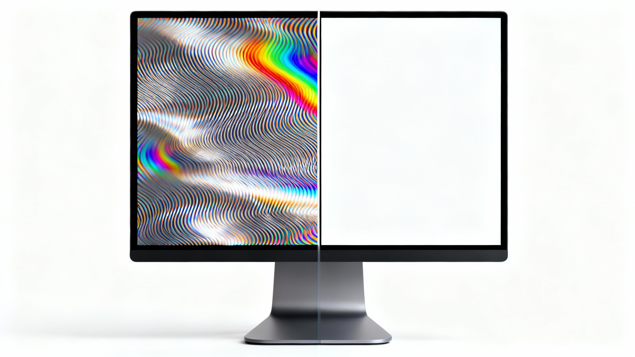 A before-and-after comparison image showing the removal of a moire pattern. The left side of the image is a screen with distracting wavy lines, and the right side is the same screen but perfectly clear.