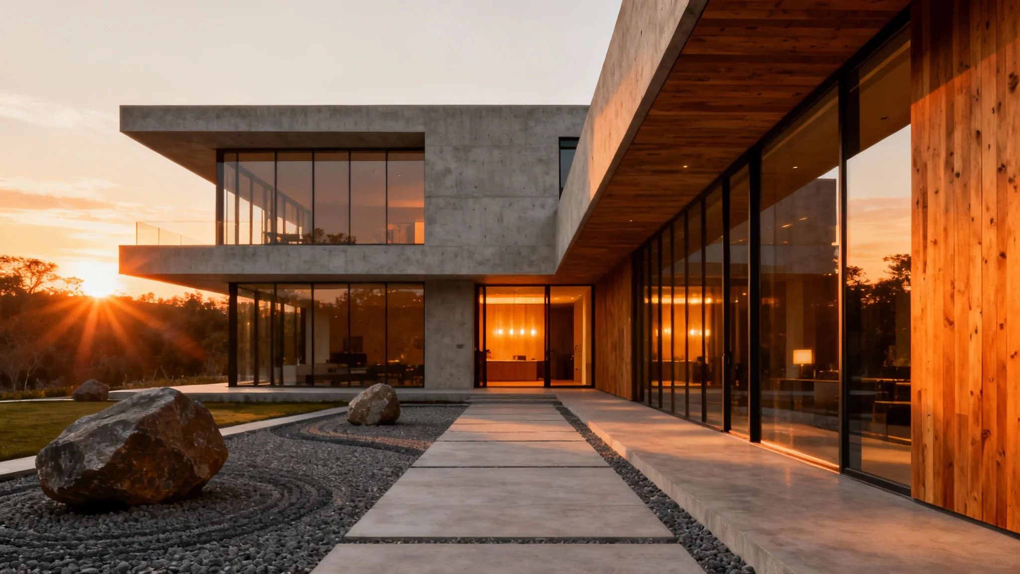 Exterior shot of a striking contemporary architectural home at dusk, featuring large glass windows, a mix of concrete and wood, and warm interior lighting.