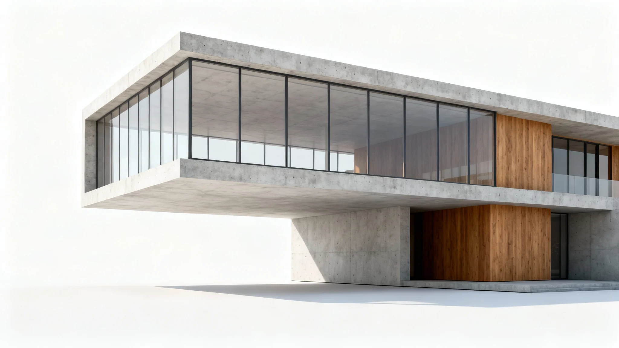 A photorealistic mockup of a modern, minimalist building with concrete, glass, and wood elements, presented against a clean white background.