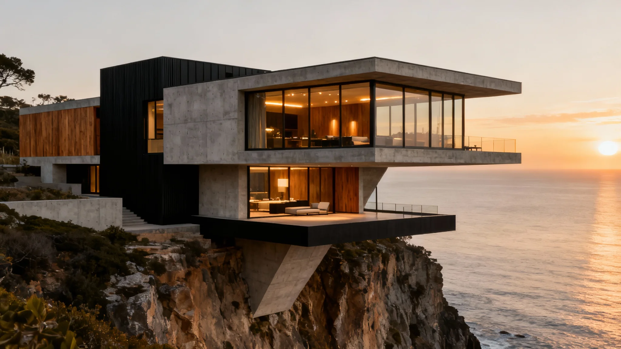 A modern luxury house with large glass windows built into a cliffside, illuminated by the warm light of a setting sun over the ocean.