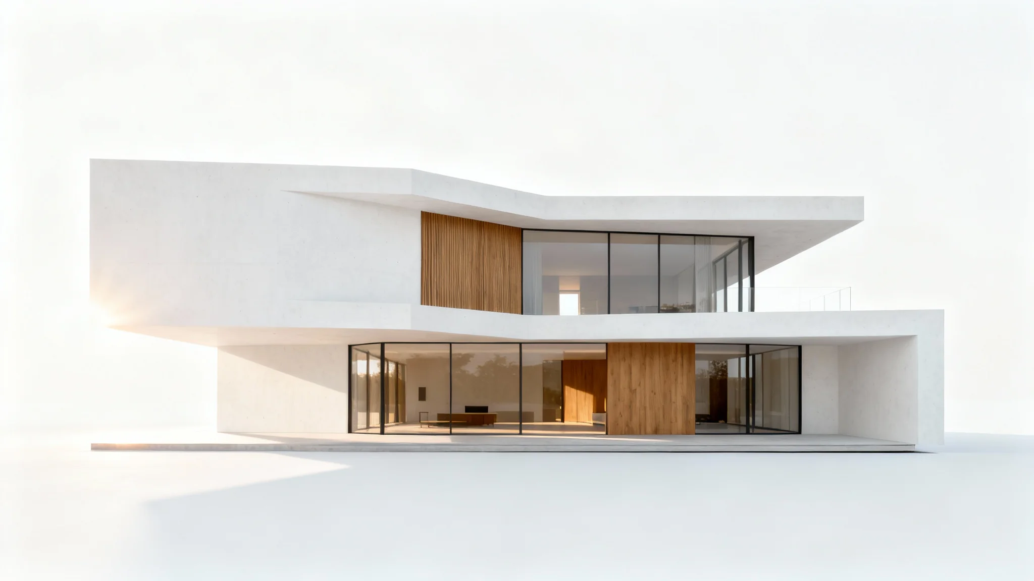 A photorealistic image of a modern, multi-level contemporary home with large glass windows and white concrete walls, set against a clean white background.