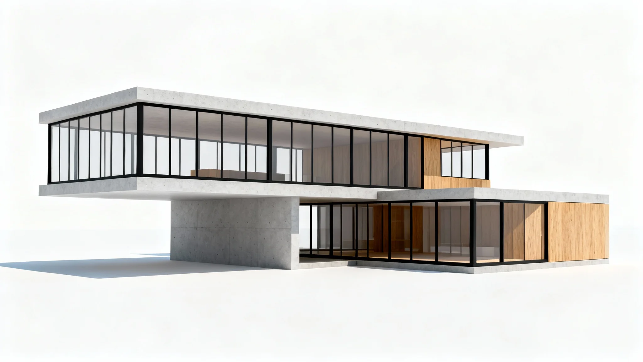 A photorealistic model of a contemporary architectural building with glass walls and wood accents, set against a plain white background.