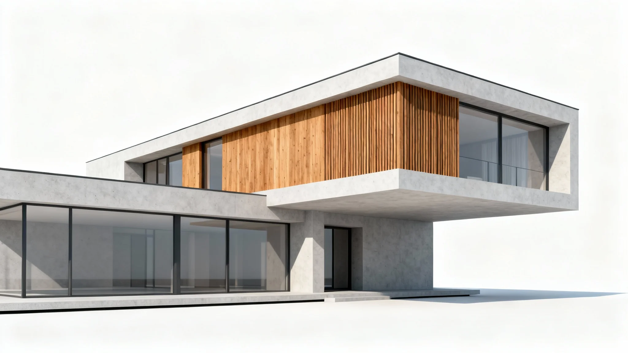 A hyper-realistic render of a modern, contemporary villa with concrete, glass, and wood elements, shown from a three-quarter angle against a stark white background.