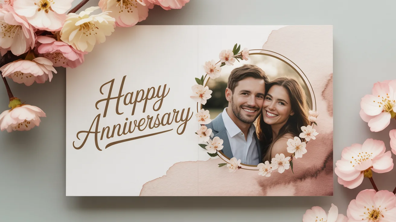 A beautifully designed anniversary card on a clean white background, with the words 'Happy Anniversary' in elegant gold script and a circular frame for a couple's photo.