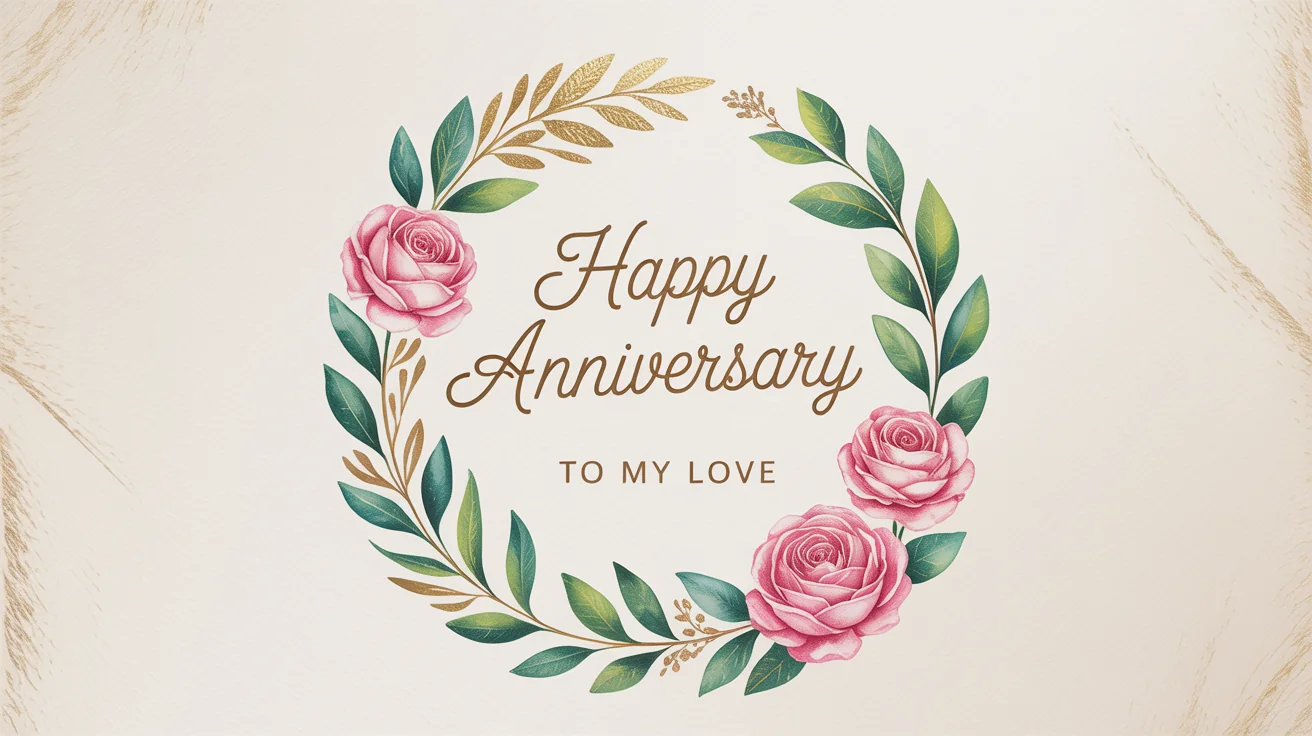 An elegant anniversary card with 'Happy Anniversary' in gold foil, decorated with a wreath of watercolor roses, standing on a clean white background.