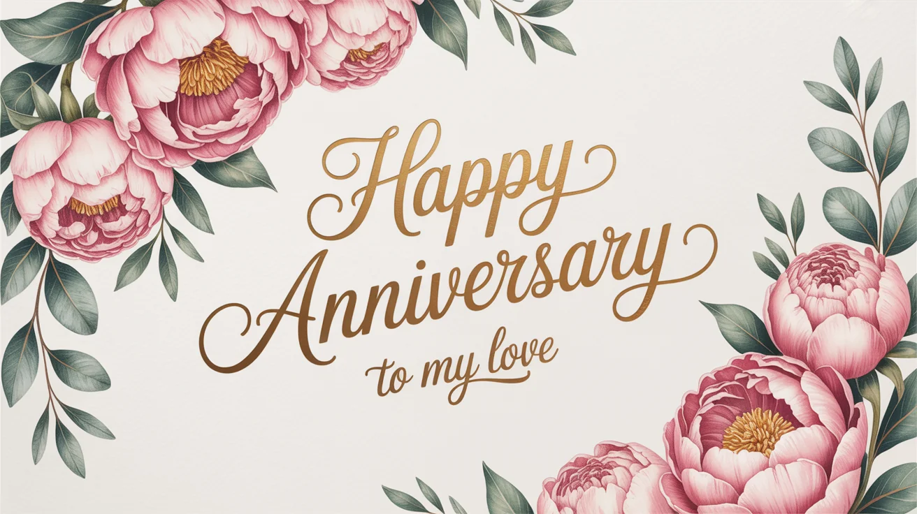 A sophisticated mockup of a cream-colored anniversary card with pink peony illustrations and gold foil text that reads 'Happy Anniversary, To My Love', set against a clean white background.