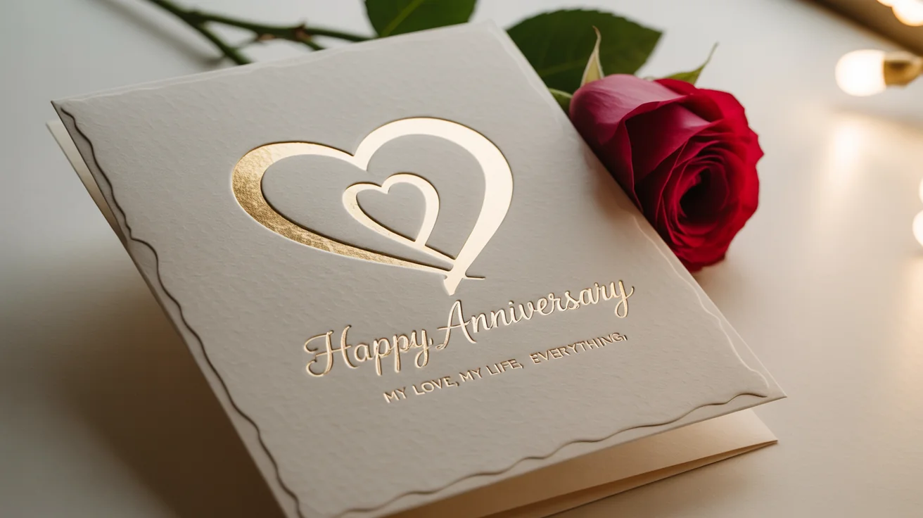 A high-end, romantic anniversary card with 'Happy Anniversary' written in gold foil script, standing on a white surface next to a single red rose.