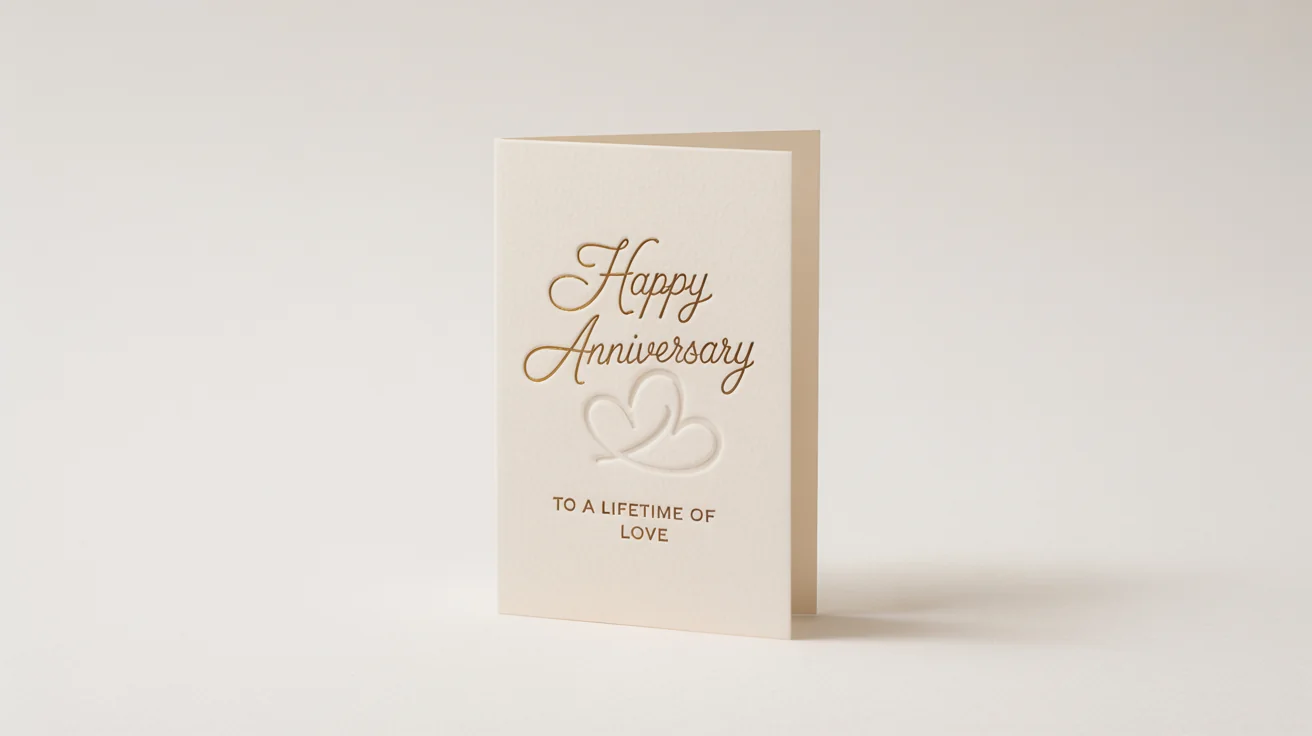 A sophisticated anniversary card with 'Happy Anniversary' in gold foil script, standing on a clean white background.
