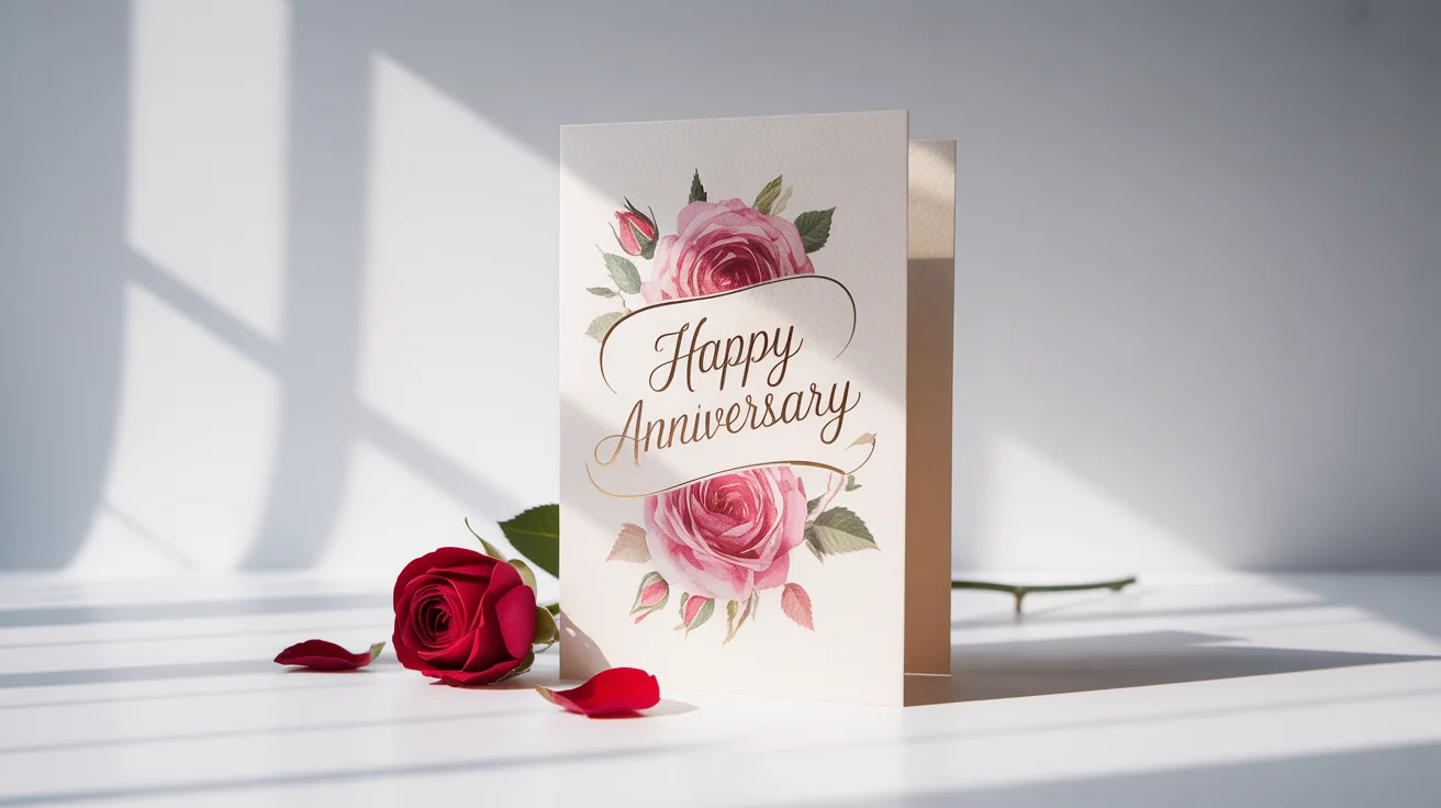 An elegant anniversary card featuring watercolor roses and gold foil text that reads 'Happy Anniversary', displayed on a clean white background with a single red rose beside it.