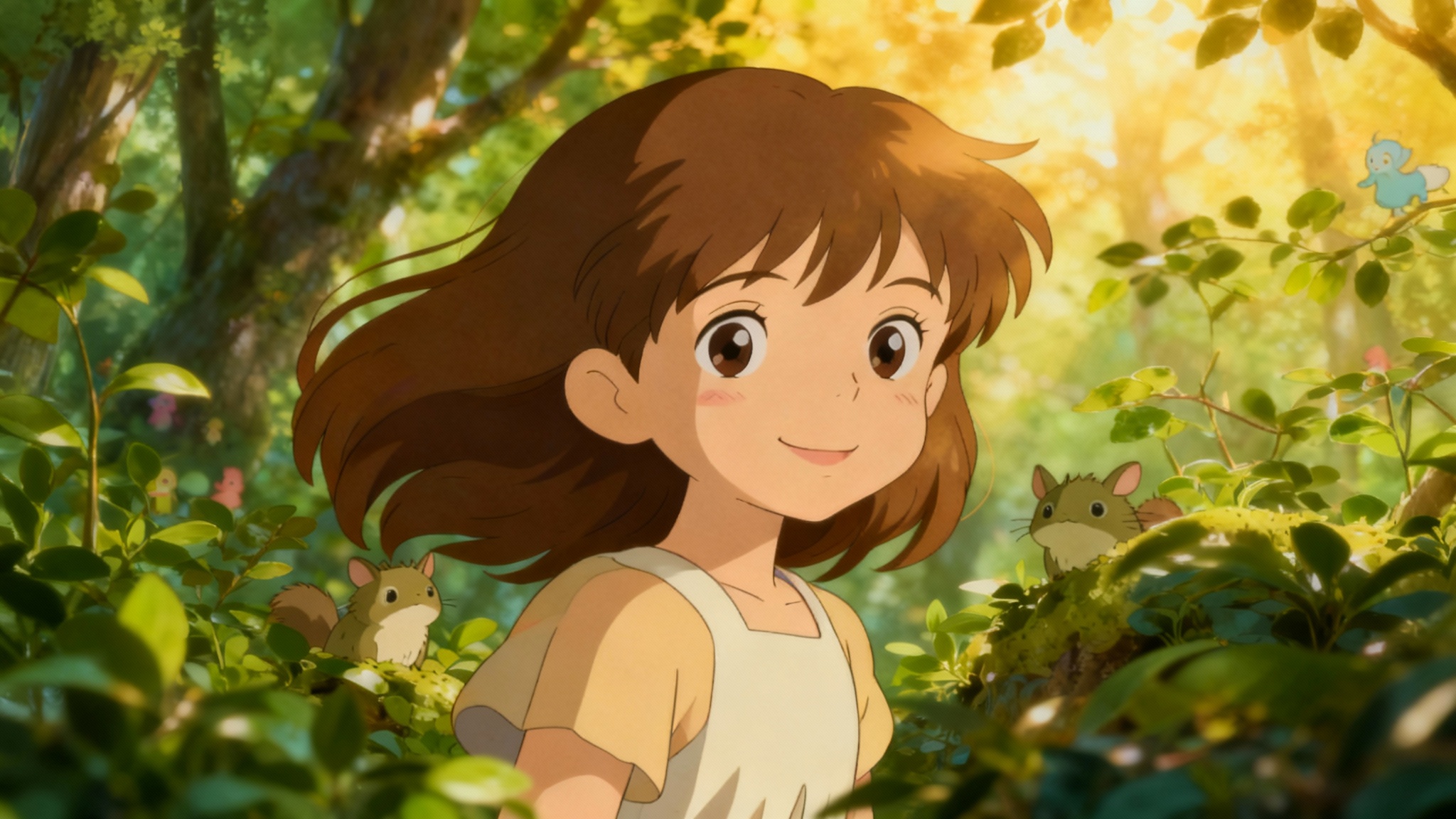 An enchanting digital painting in the style of Studio Ghibli, showing a young girl with large, expressive eyes and flowing hair in a lush, magical forest with soft sunlight filtering through the trees.