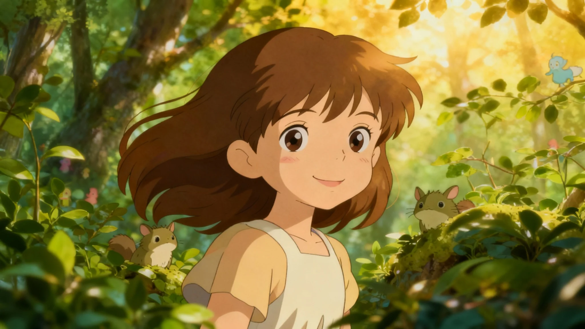 An enchanting digital painting in the style of Studio Ghibli, showing a young girl with large, expressive eyes and flowing hair in a lush, magical forest with soft sunlight filtering through the trees.