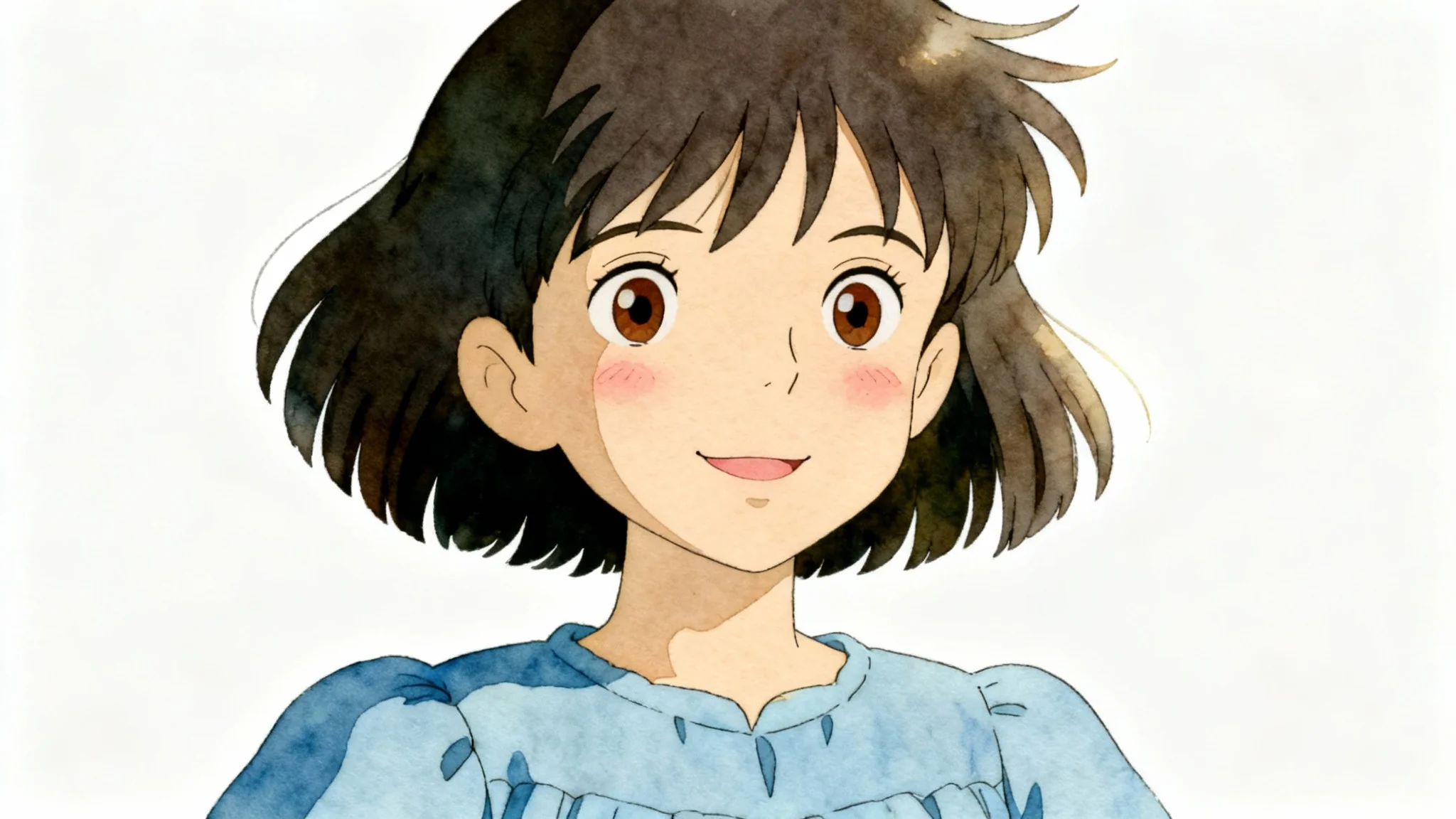 A digital painting of a young woman in the iconic, heartwarming art style of Studio Ghibli, featuring soft colors and a gentle expression, set against a plain white background.