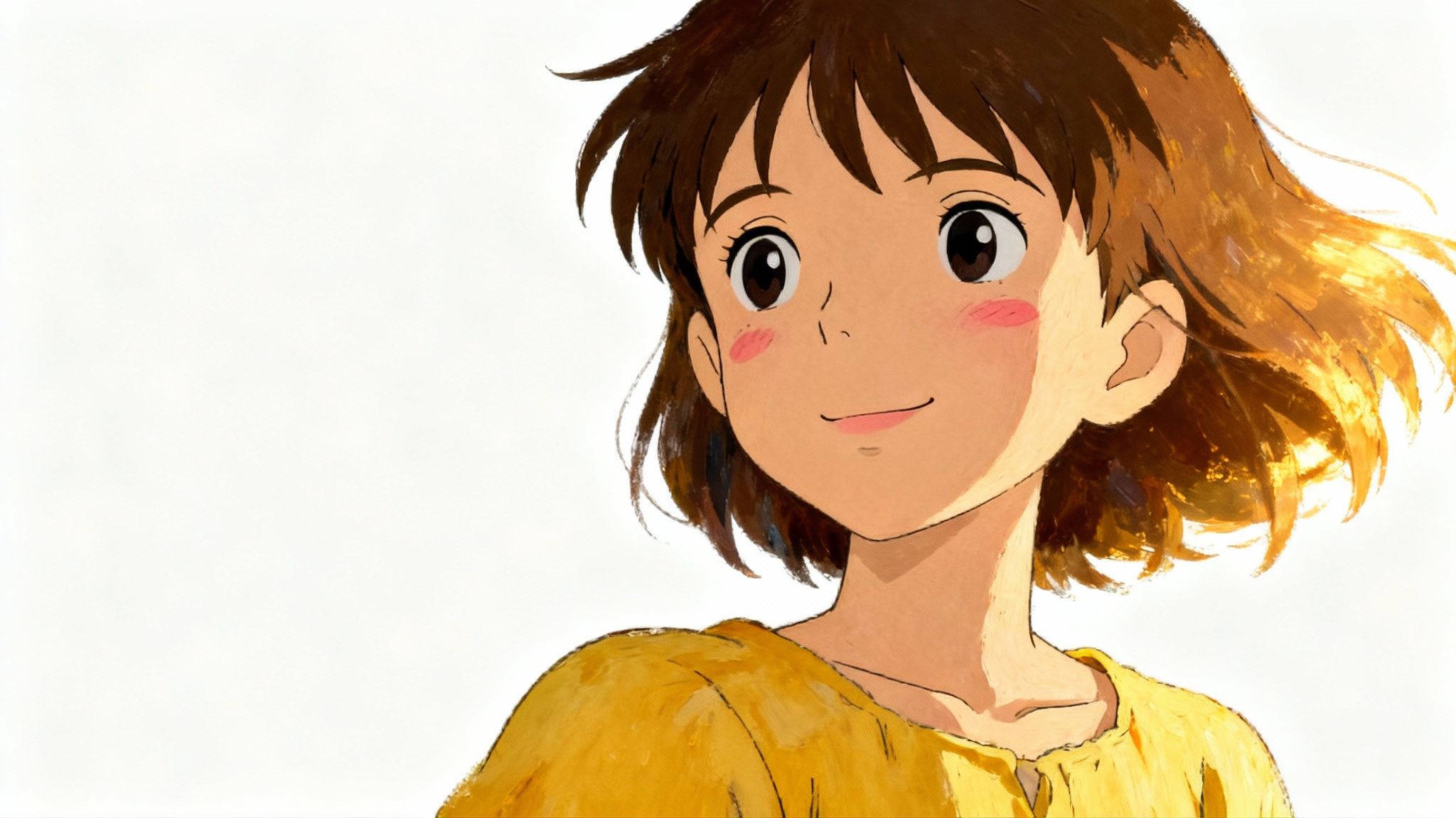 A portrait of a young woman with a gentle smile, created in the soft, painterly, and nostalgic art style of Studio Ghibli, isolated against a plain white background.