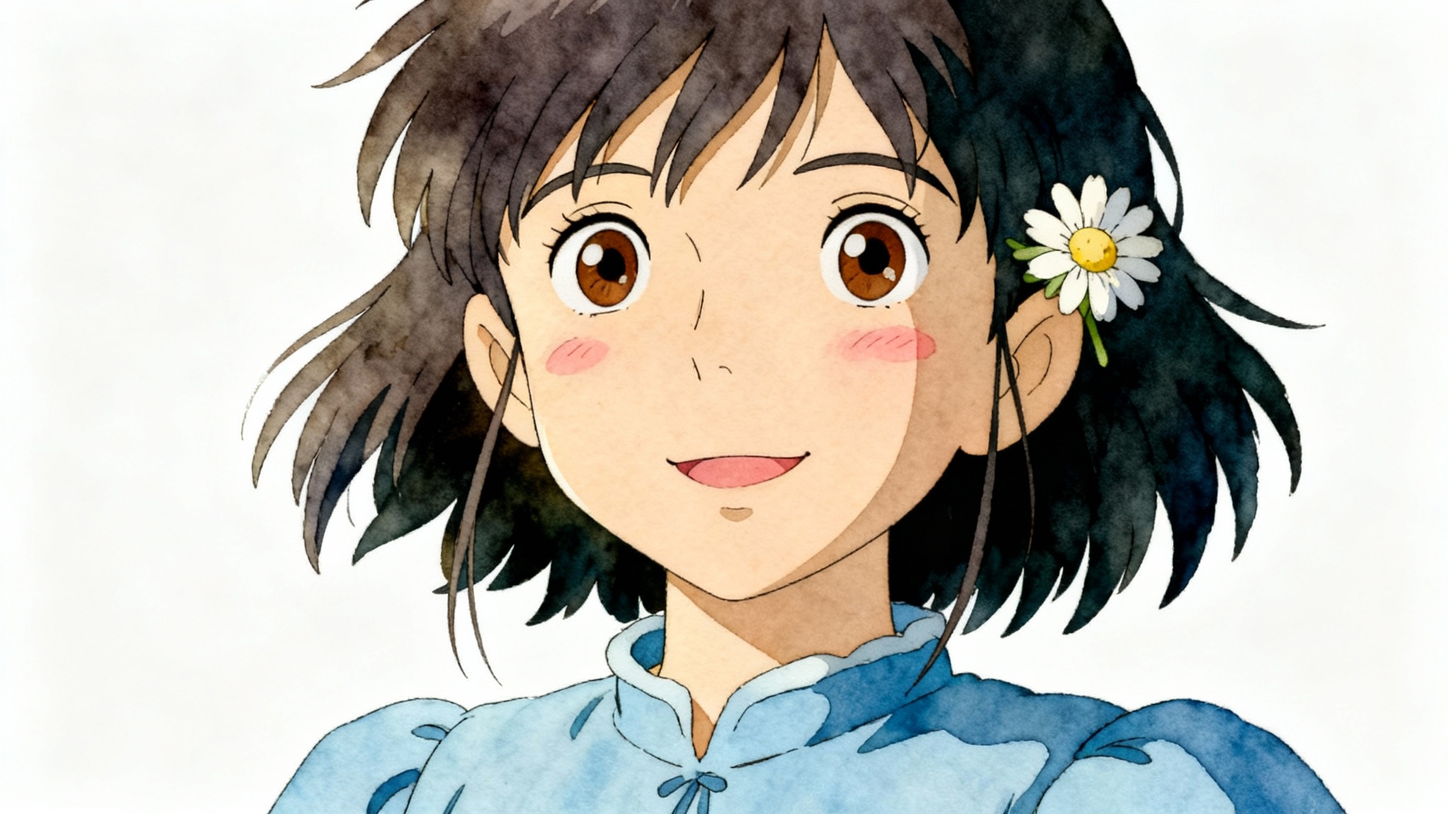 A portrait of a young woman with dark hair and a gentle smile, created in the soft, painterly animation style of Studio Ghibli, isolated on a white background.