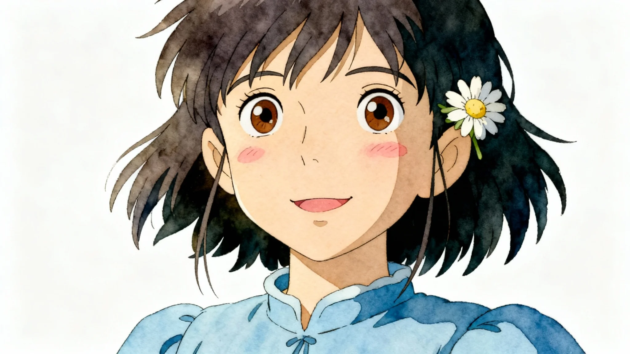 A portrait of a young woman with dark hair and a gentle smile, created in the soft, painterly animation style of Studio Ghibli, isolated on a white background.