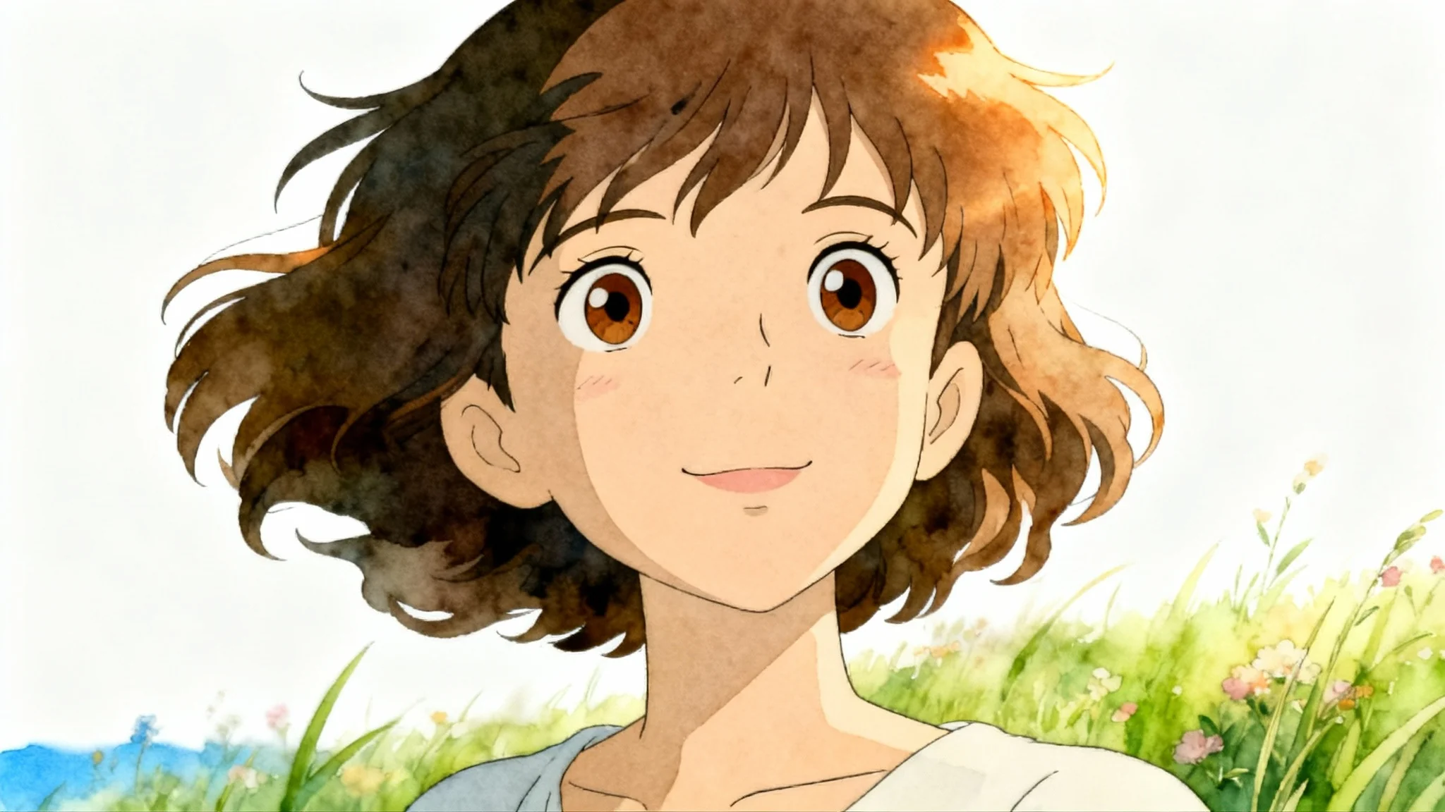A close-up portrait of a woman rendered in the classic, gentle anime style of Studio Ghibli, set against a soft-focus meadow background.