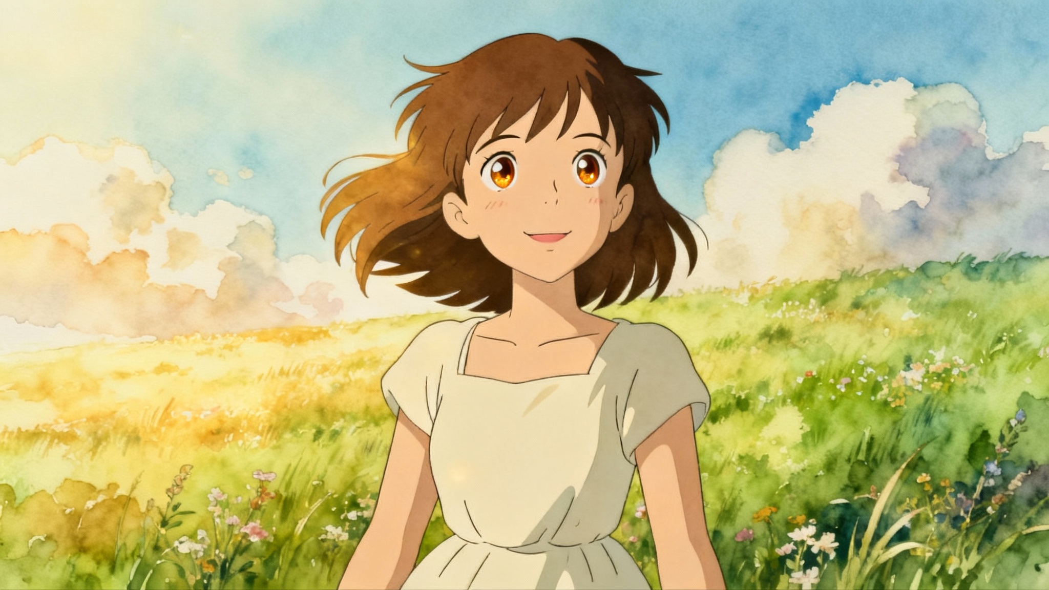 A digital painting in the Studio Ghibli style, featuring a portrait of a young woman with brown hair and a gentle smile, set against a dreamy meadow background.