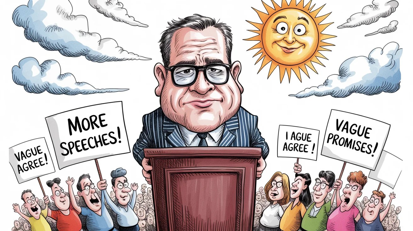 A finished political cartoon showing a caricature of a politician at a podium, with a smiling sun in the background and a crowd holding humorous signs in the foreground.