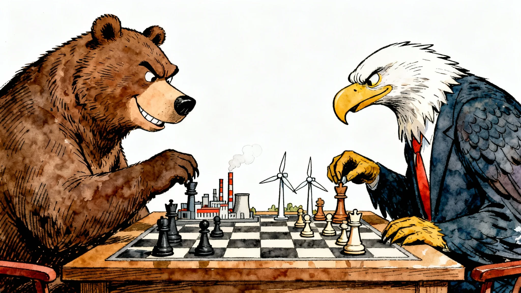 A satirical political cartoon drawing of a bear and an eagle playing a game of chess with factories and wind turbines as pieces, set against a plain white background.