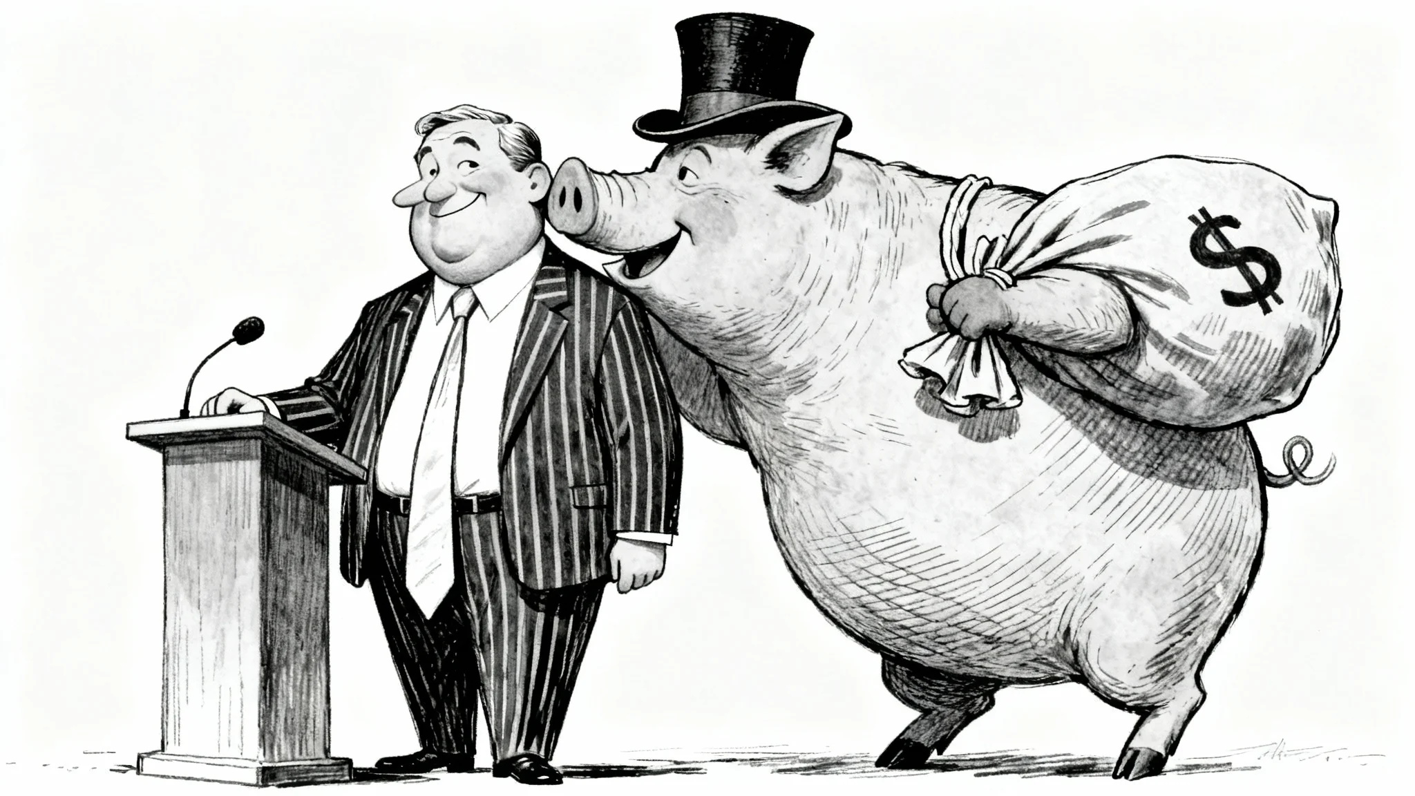 A political cartoon drawing of a politician at a podium being influenced by a giant pig in a top hat holding a money bag, symbolizing corruption and greed in politics.