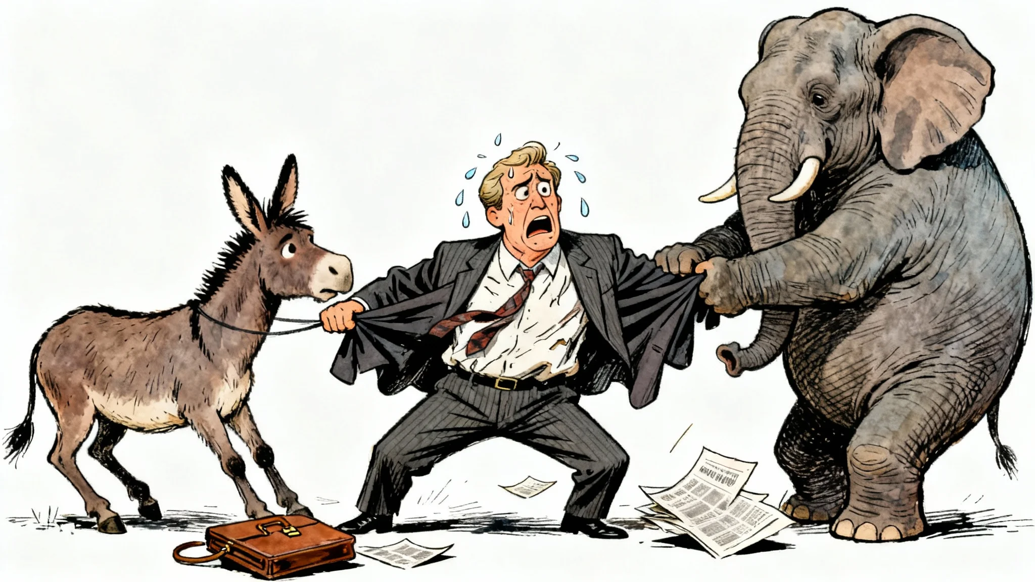A political cartoon showing a politician in a suit being pulled apart by a donkey and an elephant, symbolizing political division.
