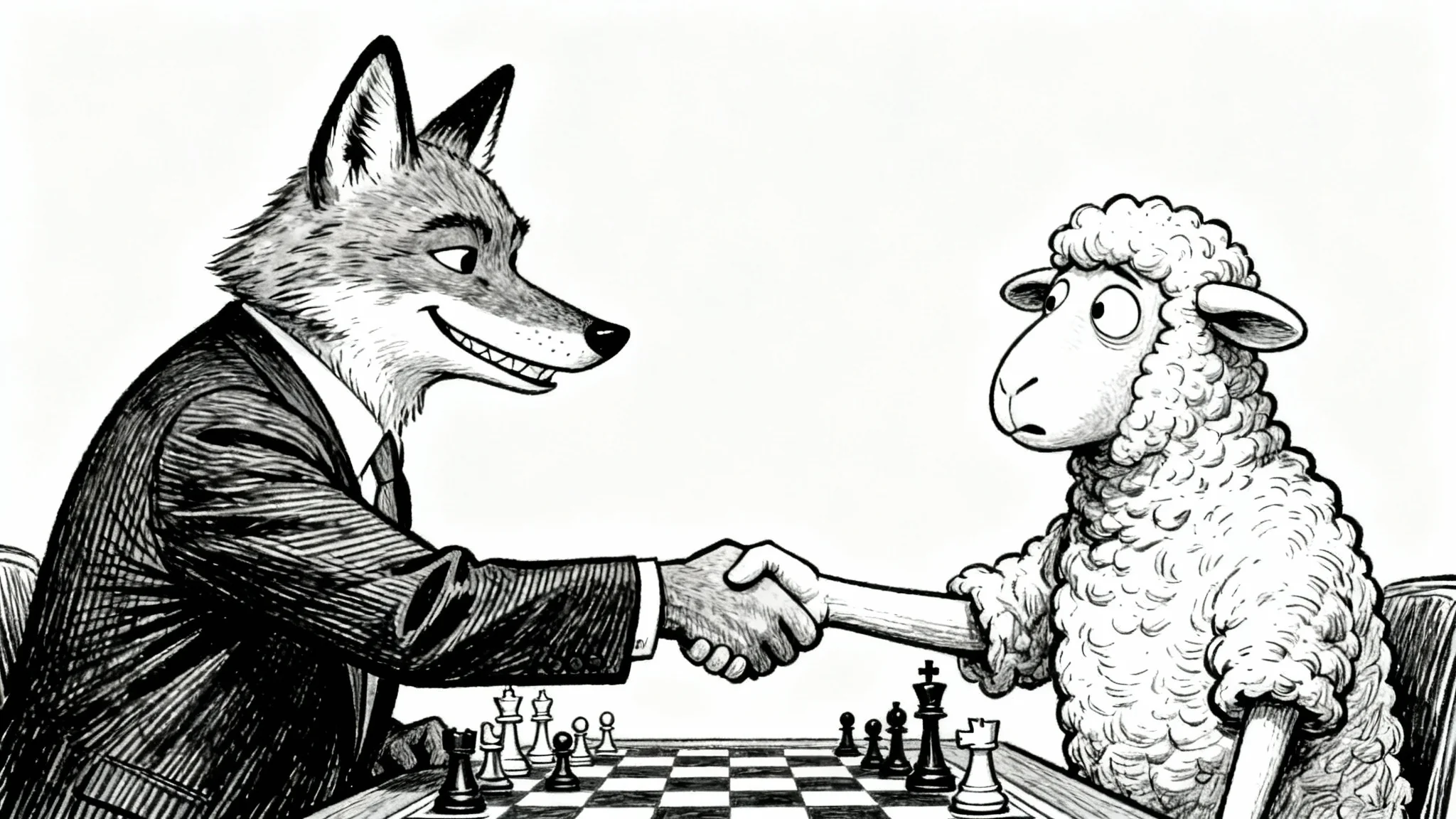 A political cartoon drawing featuring a caricature of a sly fox in a suit shaking hands with a naive sheep over a chessboard, set against a plain white background.