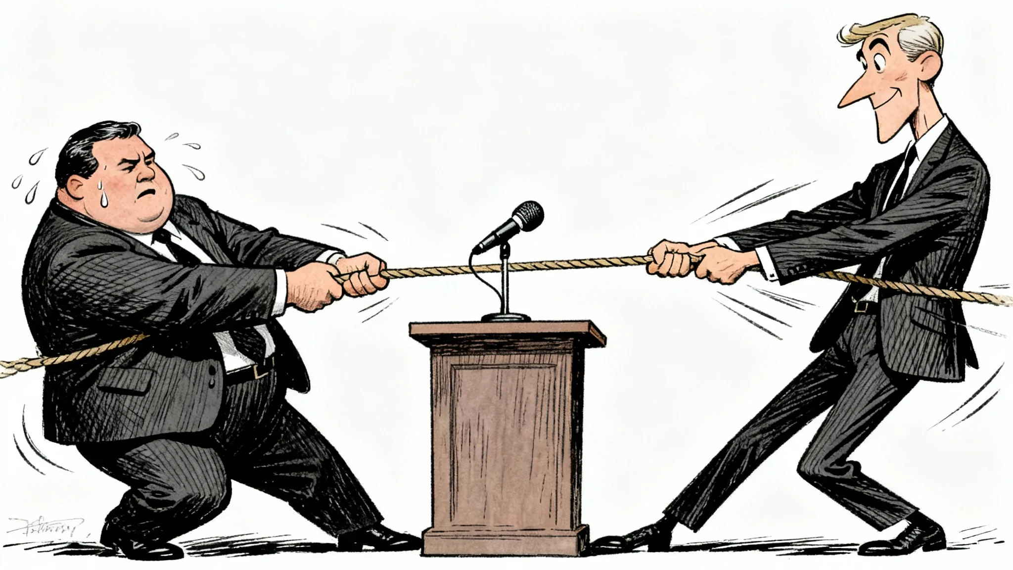 A political cartoon depicting two exaggerated politicians in suits fighting over a microphone on a podium, drawn in a classic satirical style against a white background.
