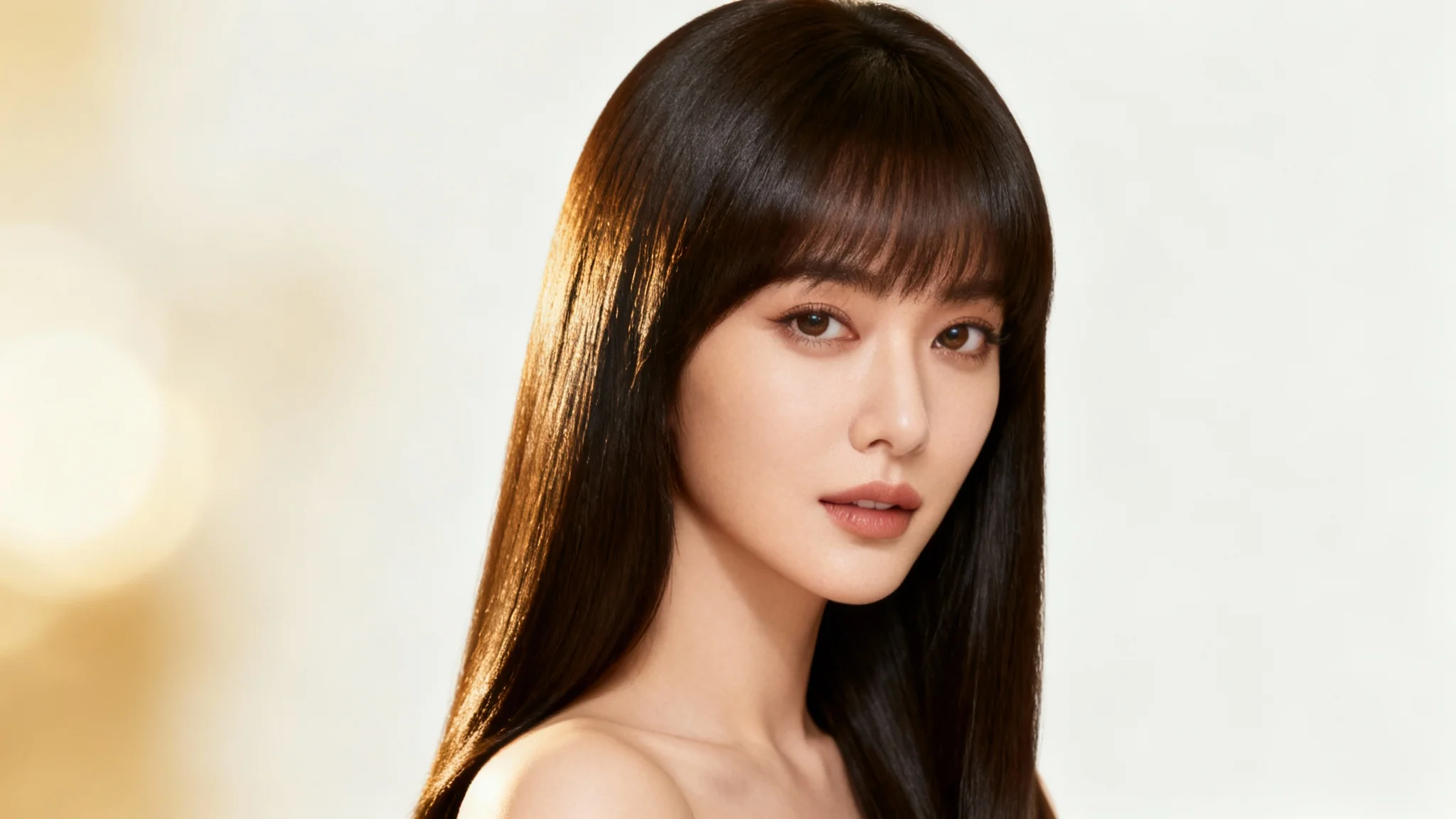 A professional studio portrait of a woman with perfectly smooth, long dark hair, demonstrating the result of a 'remove flyaway hair' tool. There are no stray hairs, creating a flawless, clean look.