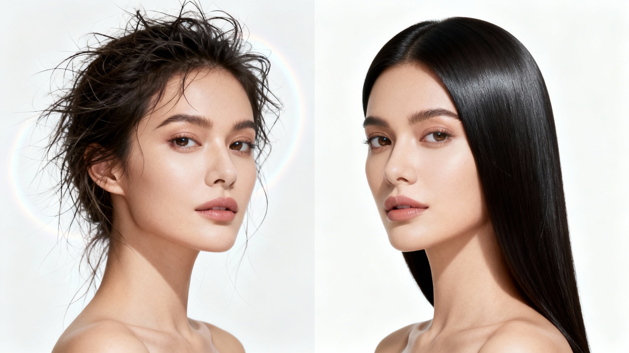 A split-screen image demonstrating a hair editing feature. The left side shows a woman's portrait with frizzy, flyaway hair, and the right side shows the same portrait but with her hair perfectly smooth and sleek.