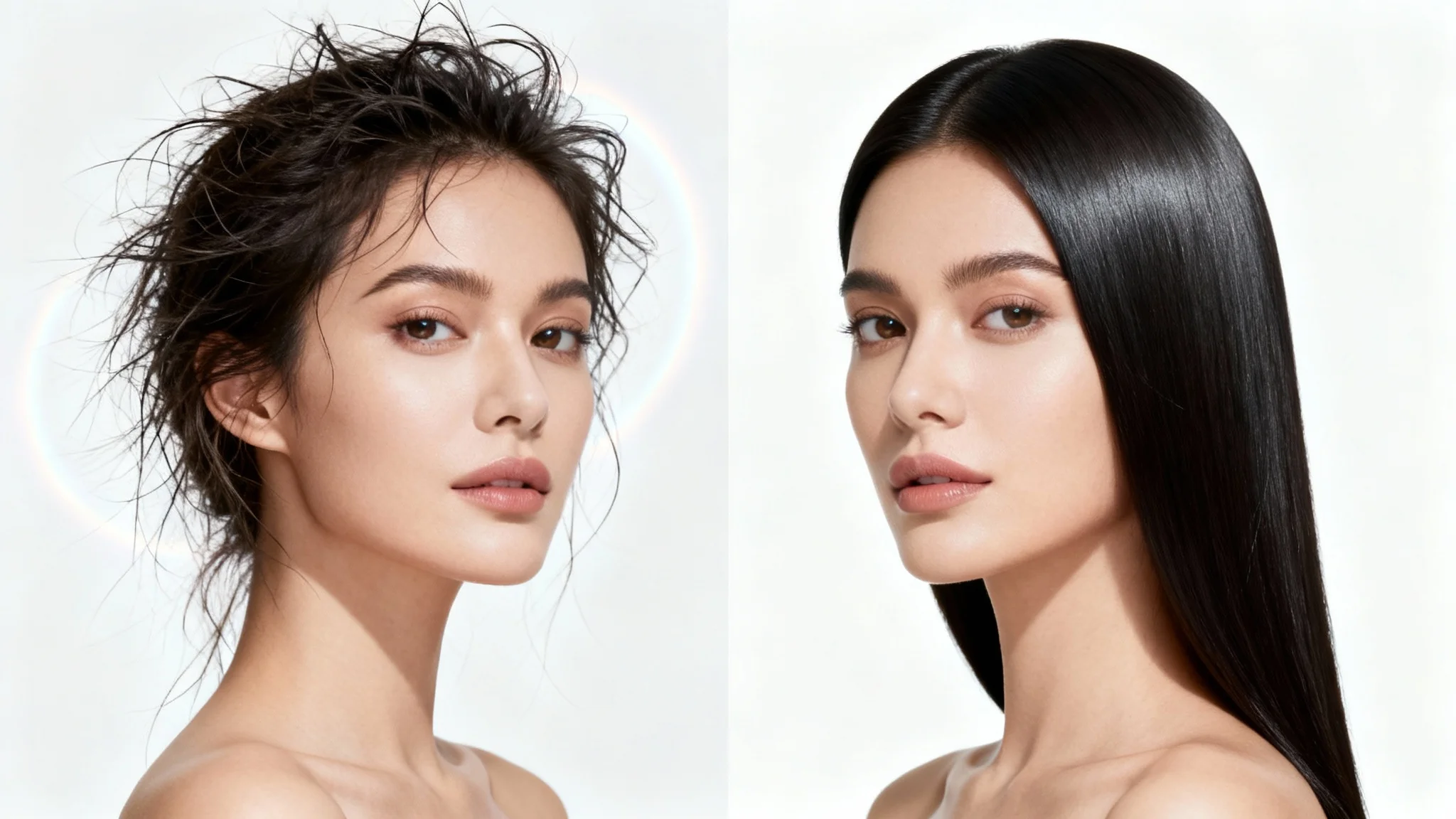 A split-screen image demonstrating a hair editing feature. The left side shows a woman's portrait with frizzy, flyaway hair, and the right side shows the same portrait but with her hair perfectly smooth and sleek.
