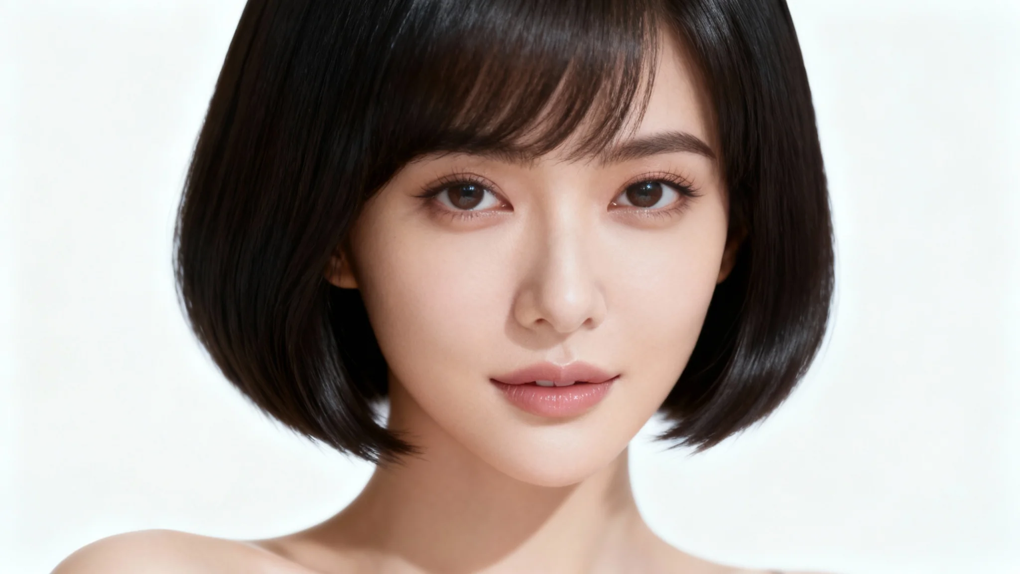 A close-up beauty portrait of a woman with flawlessly smooth and sleek hair, completely free of any flyaways, set against a clean white background.