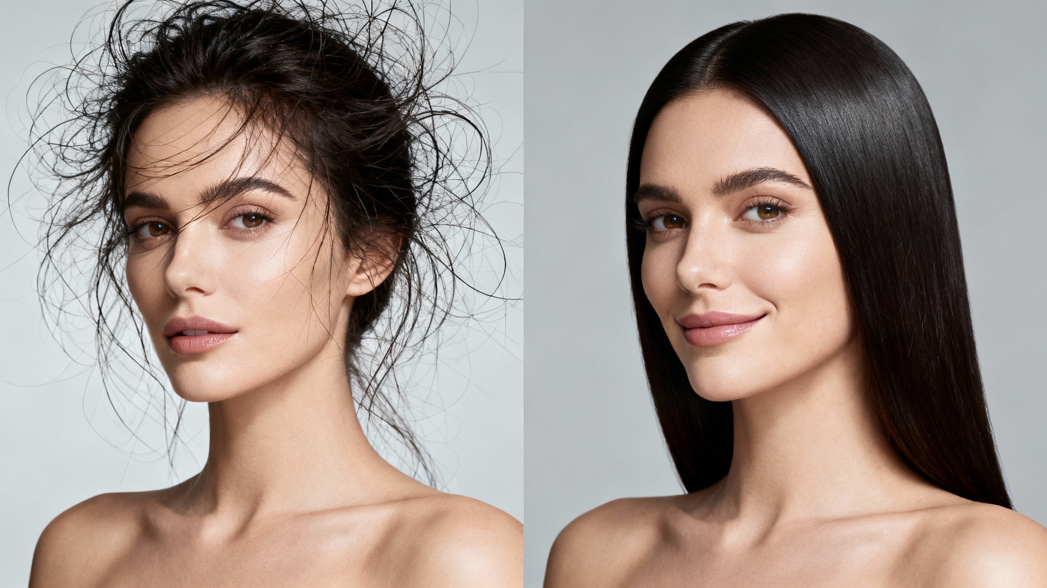 A before-and-after comparison image. The left panel shows a woman with frizzy, flyaway hair. The right panel shows the same woman with perfectly smooth and sleek hair, demonstrating the 'remove flyaway hair' feature.