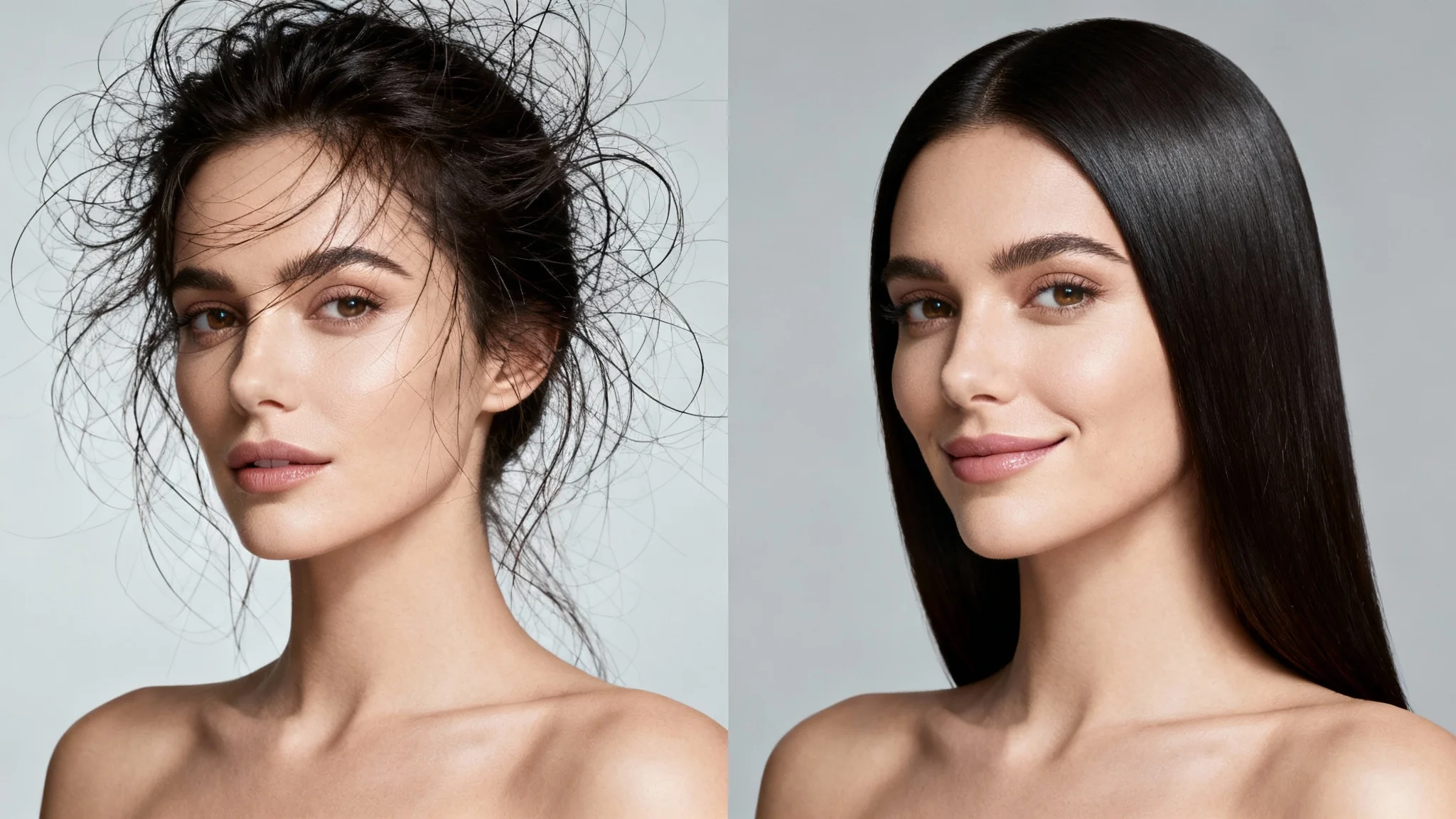A before-and-after comparison image. The left panel shows a woman with frizzy, flyaway hair. The right panel shows the same woman with perfectly smooth and sleek hair, demonstrating the 'remove flyaway hair' feature.