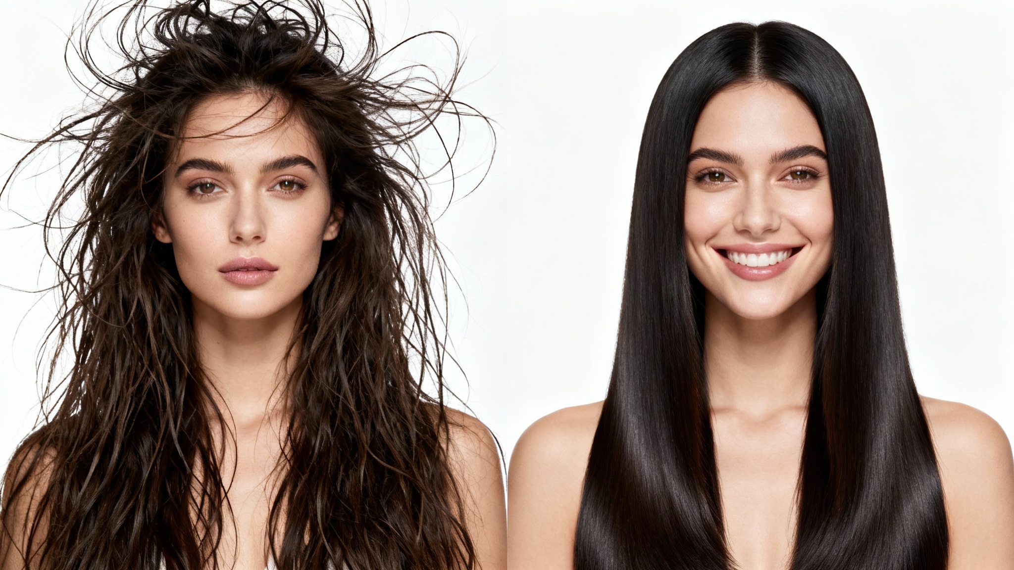 A before-and-after comparison image showing a woman's hair. On the left, her hair is frizzy with flyaways. On the right, her hair is perfectly smooth and sleek.