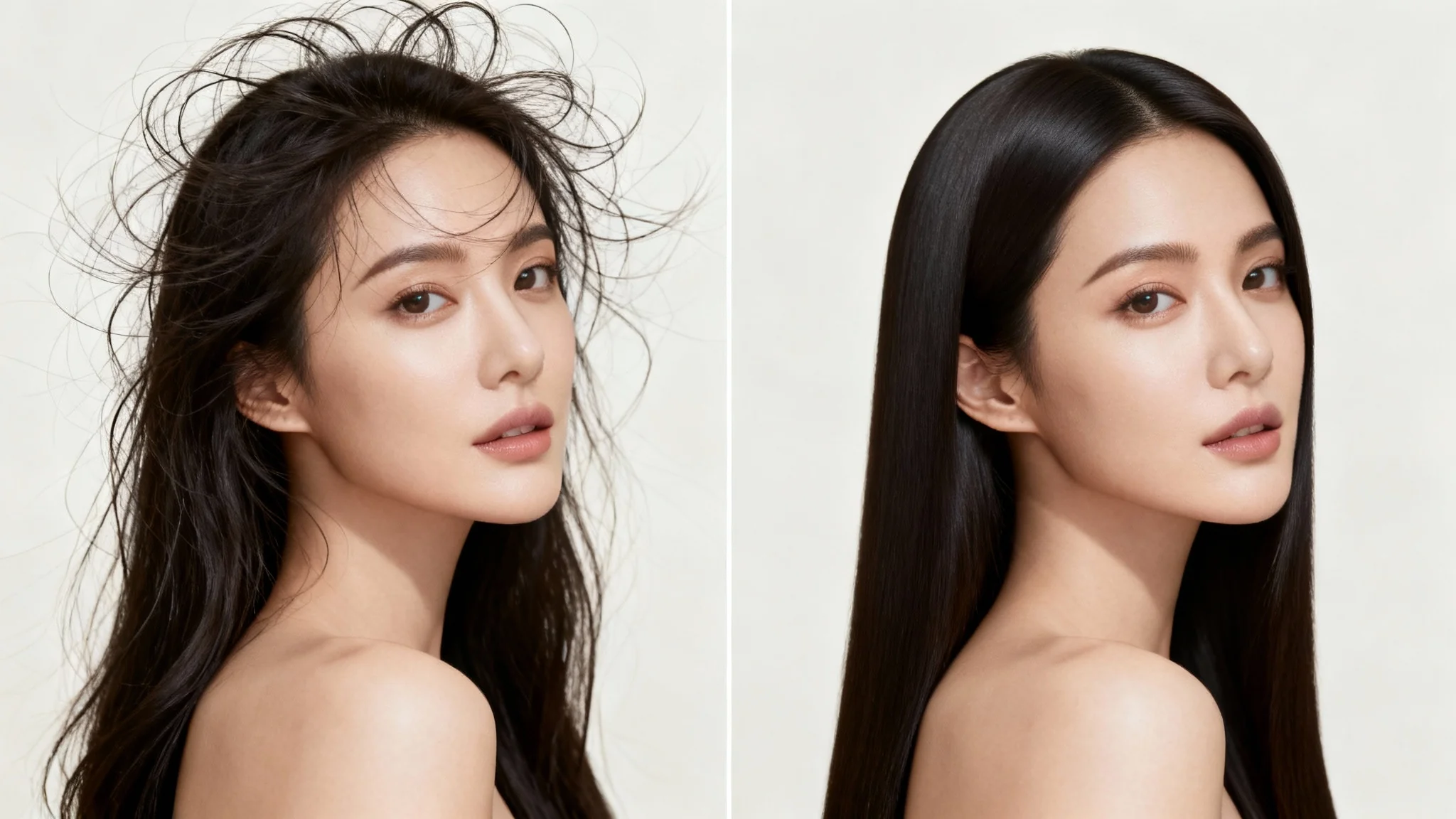 A before-and-after comparison portrait of a woman. The 'before' side shows her with frizzy, flyaway hair, while the 'after' side shows her with perfectly smooth and sleek hair, demonstrating a hair editing feature.