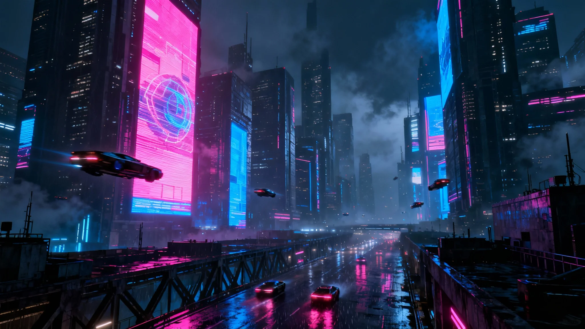 A wide, cinematic view of a dark and rainy dystopian city at night, featuring towering skyscrapers, flying cars, and giant glowing holographic advertisements.