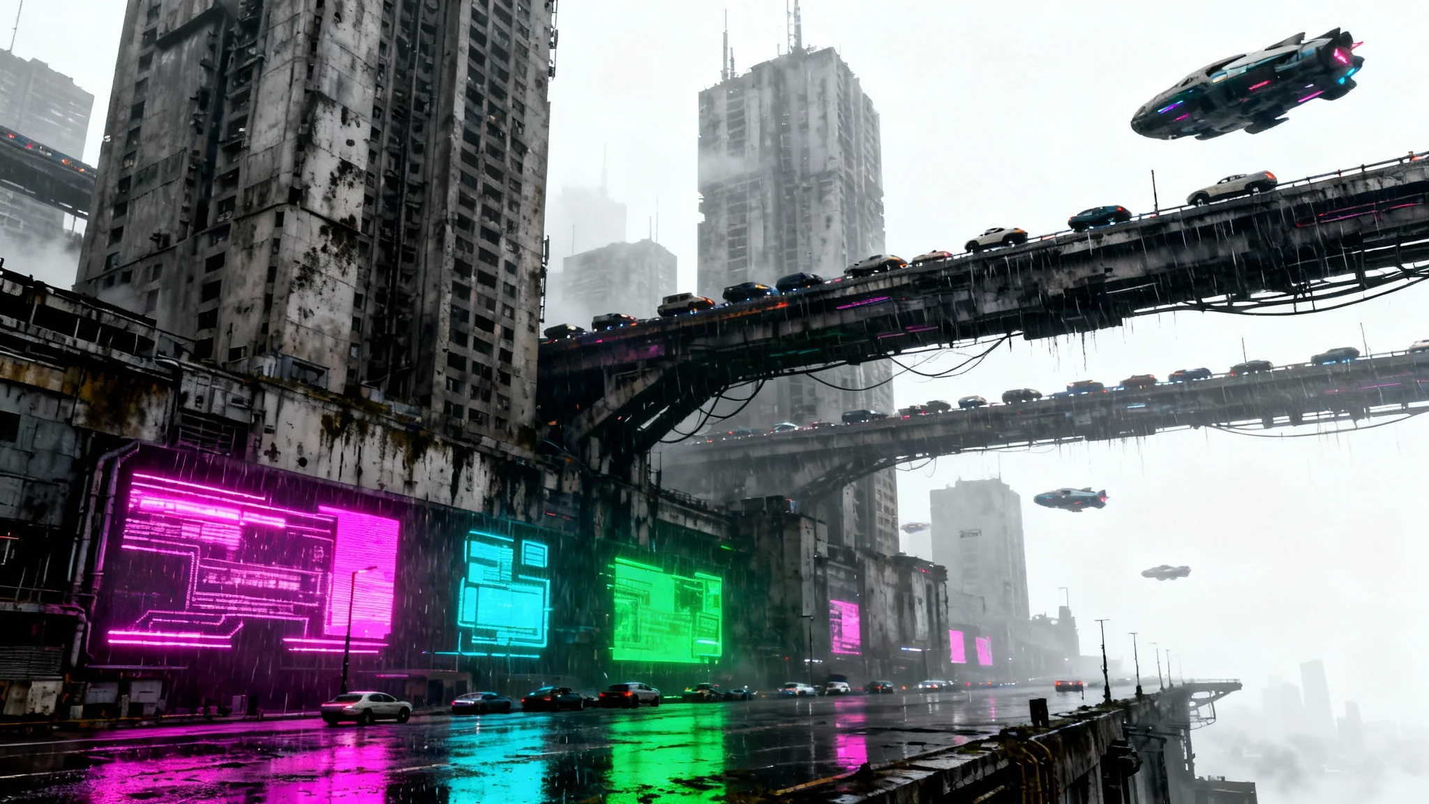 Concept art of a dark, futuristic dystopian city with towering skyscrapers, flying vehicles, and glowing neon signs, set against a clean white background.
