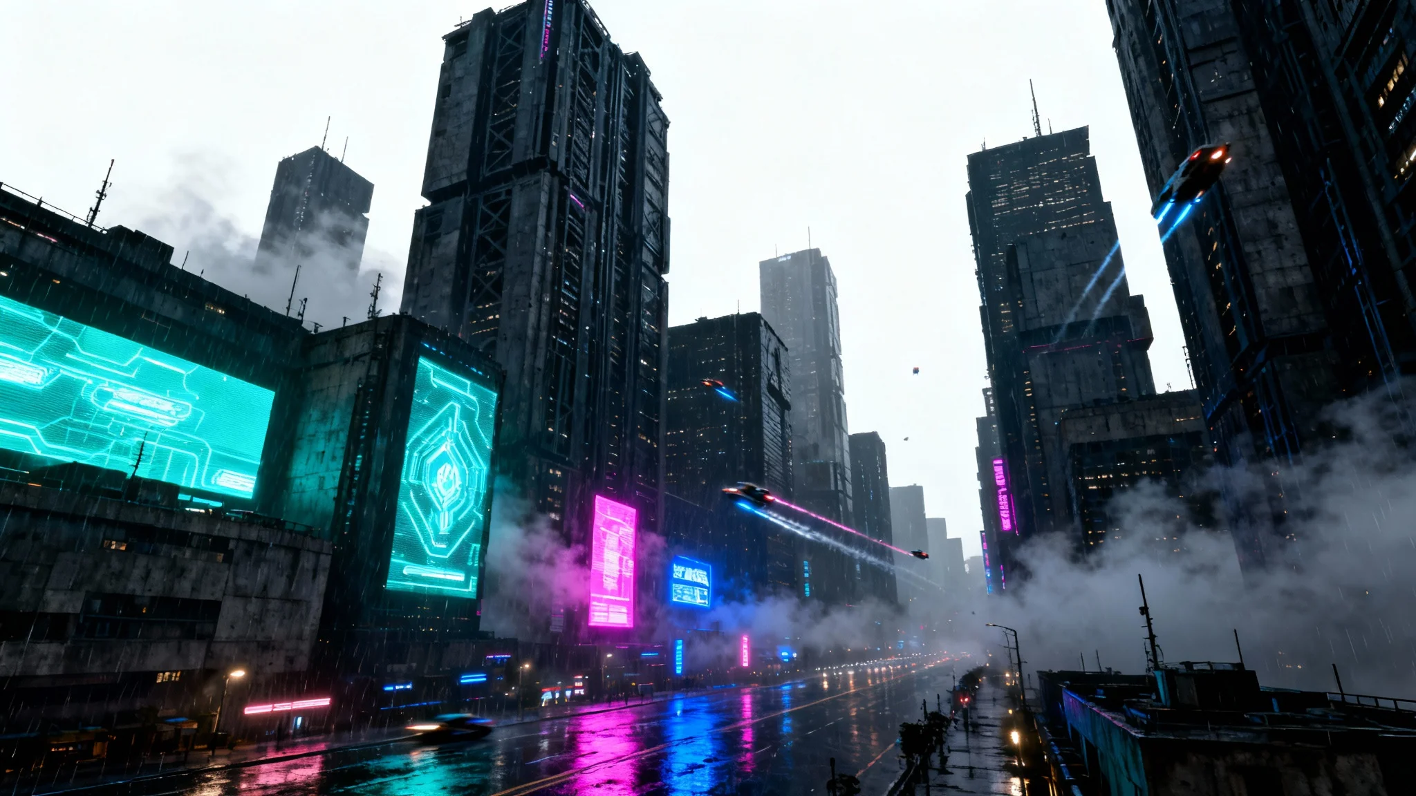A hyper-realistic concept art image of a dystopian city at night, featuring towering dark skyscrapers, vibrant neon and holographic signs, flying cars, and a thick layer of smog, all presented against a stark white background.
