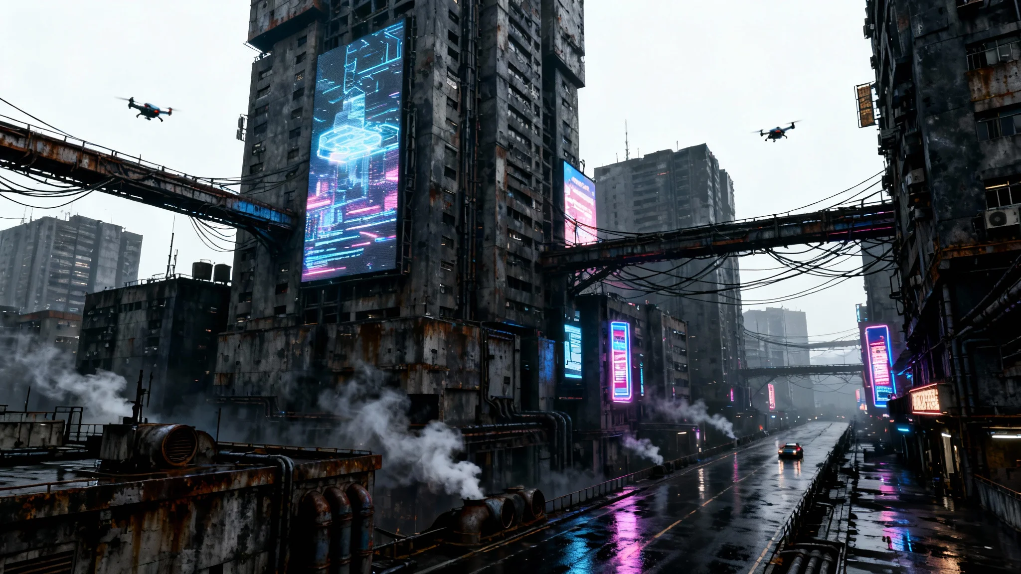 A detailed cinematic depiction of a dark, futuristic dystopian city with towering skyscrapers and glowing neon signs, presented on a white background.