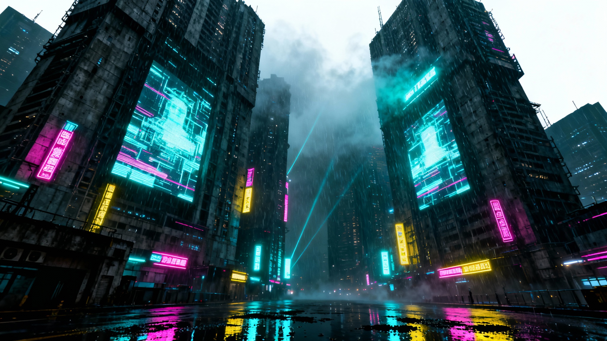 A dramatic, low-angle shot of a rainy dystopian city at night, where immense skyscrapers are covered in glowing neon signs that reflect on the wet streets below.