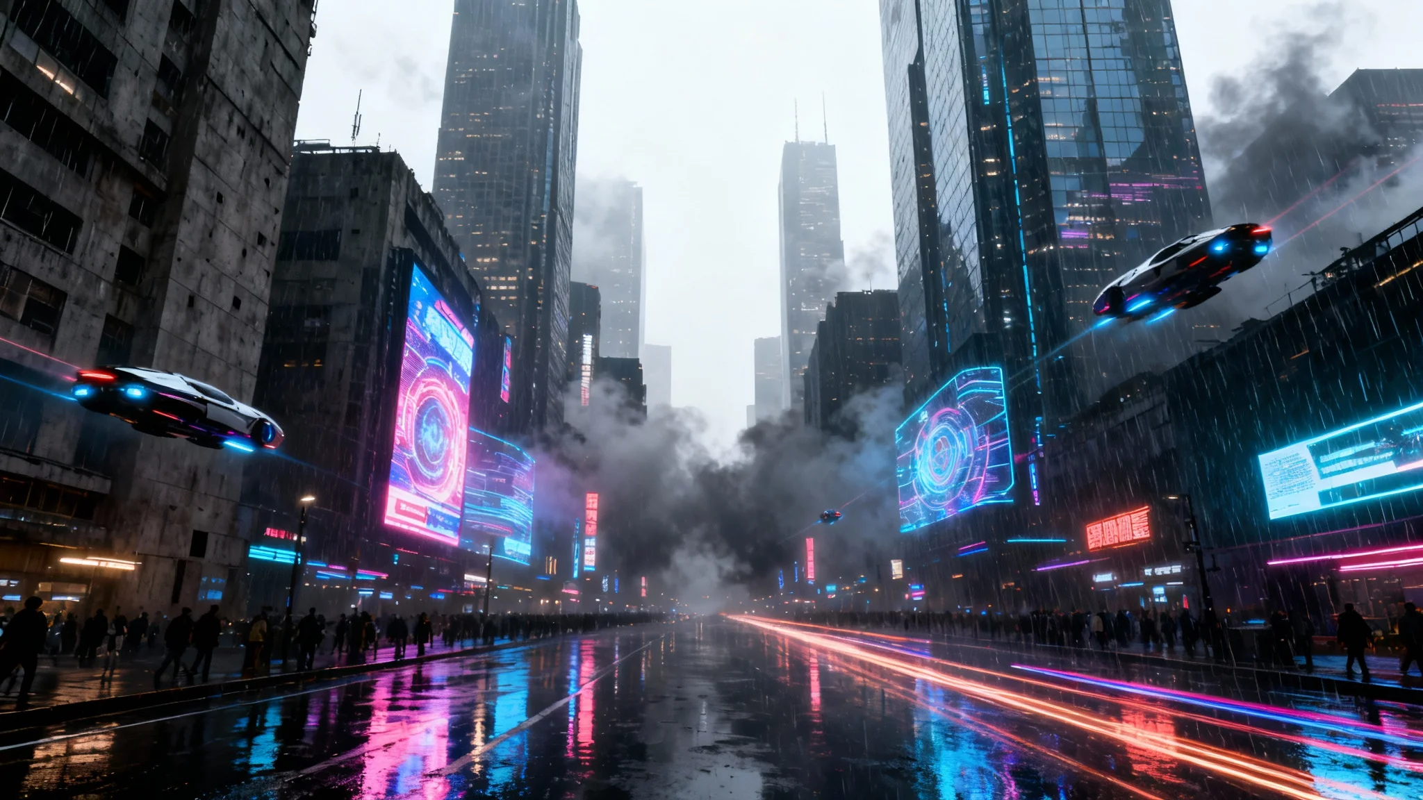 A cinematic view of a futuristic dystopian city at night, with towering skyscrapers, glowing neon signs, and flying vehicles under a rainy, smoggy sky.