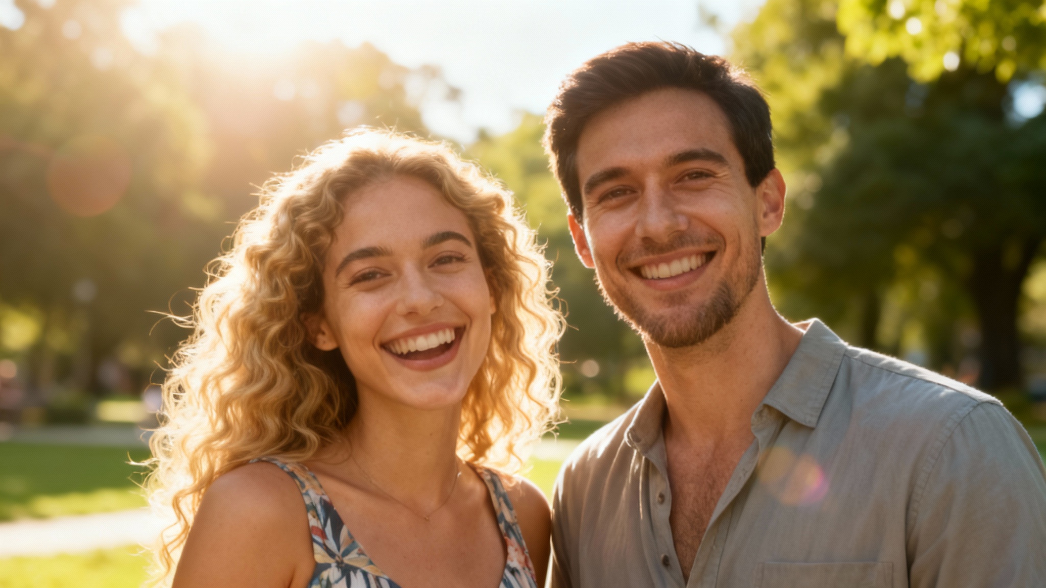 A digitally altered hero image showing a man and a woman in a park with their heads comically swapped. The man's body has the woman's head, and the woman's body has the man's head, creating a seamless and funny final result.