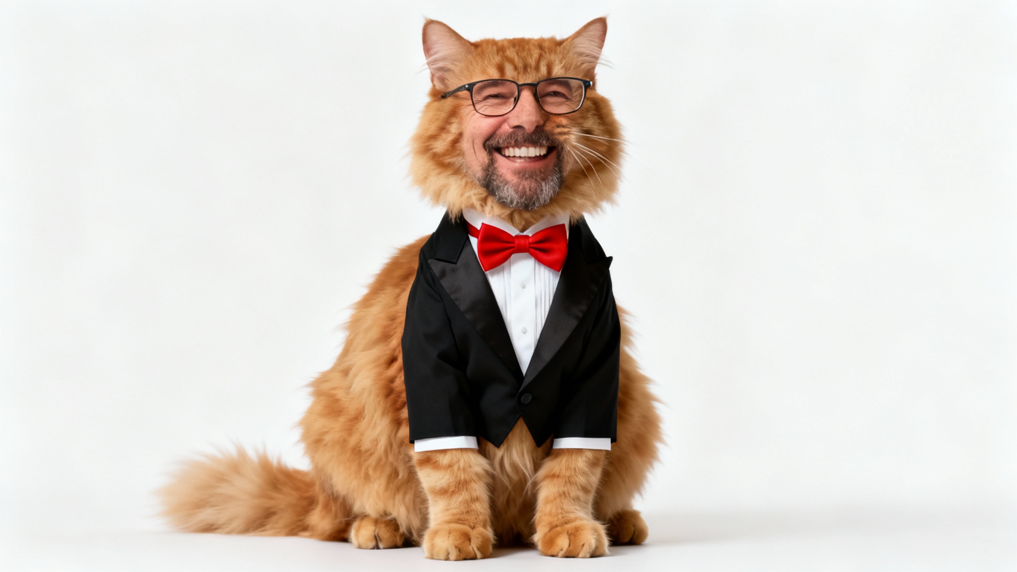 A humorous image illustrating a head swap: the body of a fluffy ginger cat in a tuxedo has been seamlessly combined with the head of a smiling man with a beard and glasses, set against a plain white background.