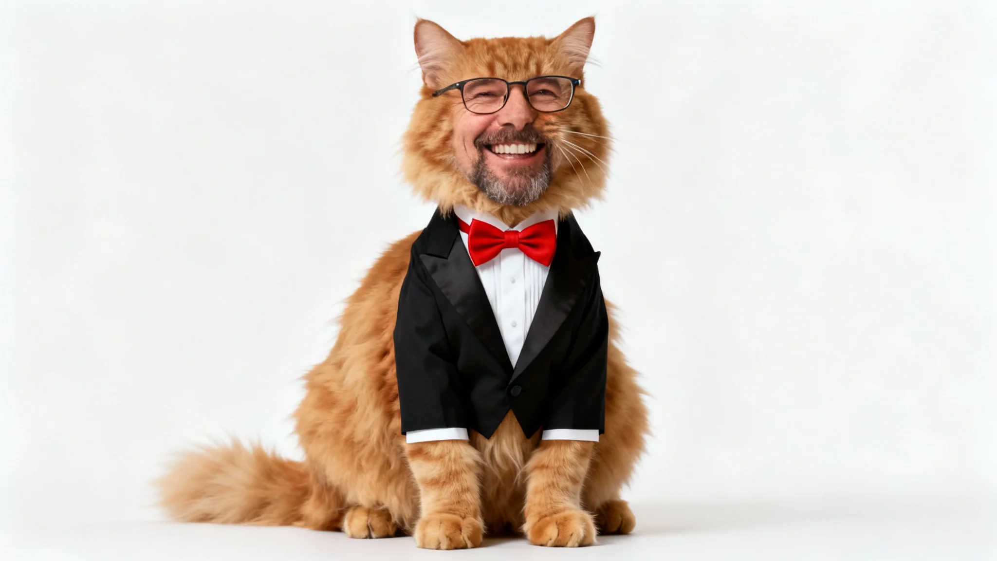 A humorous image illustrating a head swap: the body of a fluffy ginger cat in a tuxedo has been seamlessly combined with the head of a smiling man with a beard and glasses, set against a plain white background.