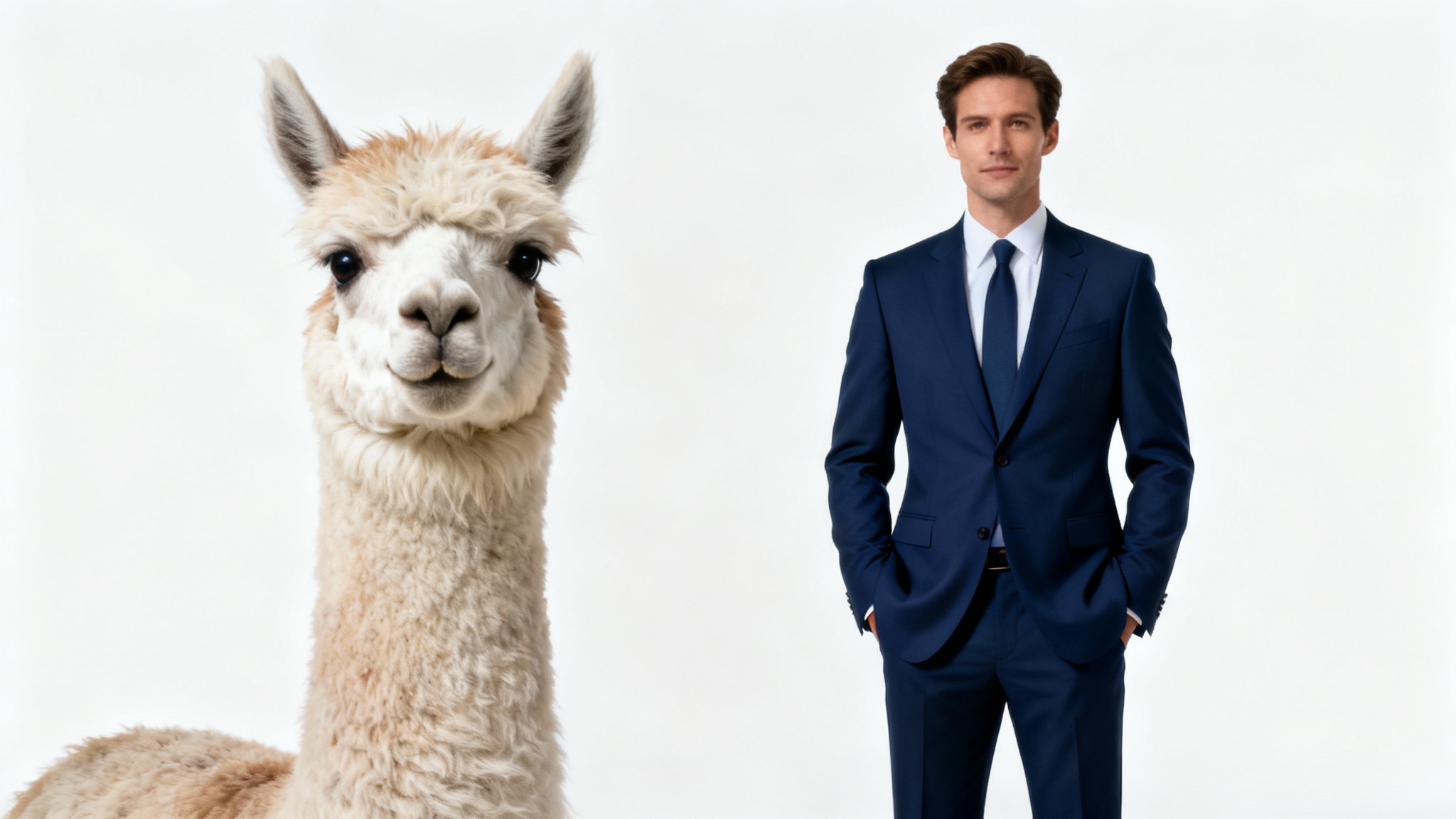 A photorealistic image depicting a creative head swap: a man's body dressed in a business suit, with the head of a quirky alpaca seamlessly attached, standing against a plain white background.