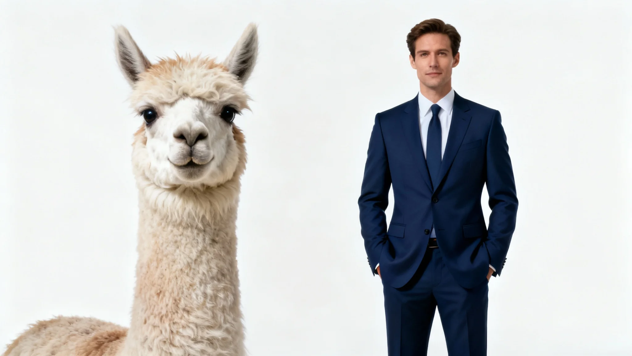 A photorealistic image depicting a creative head swap: a man's body dressed in a business suit, with the head of a quirky alpaca seamlessly attached, standing against a plain white background.