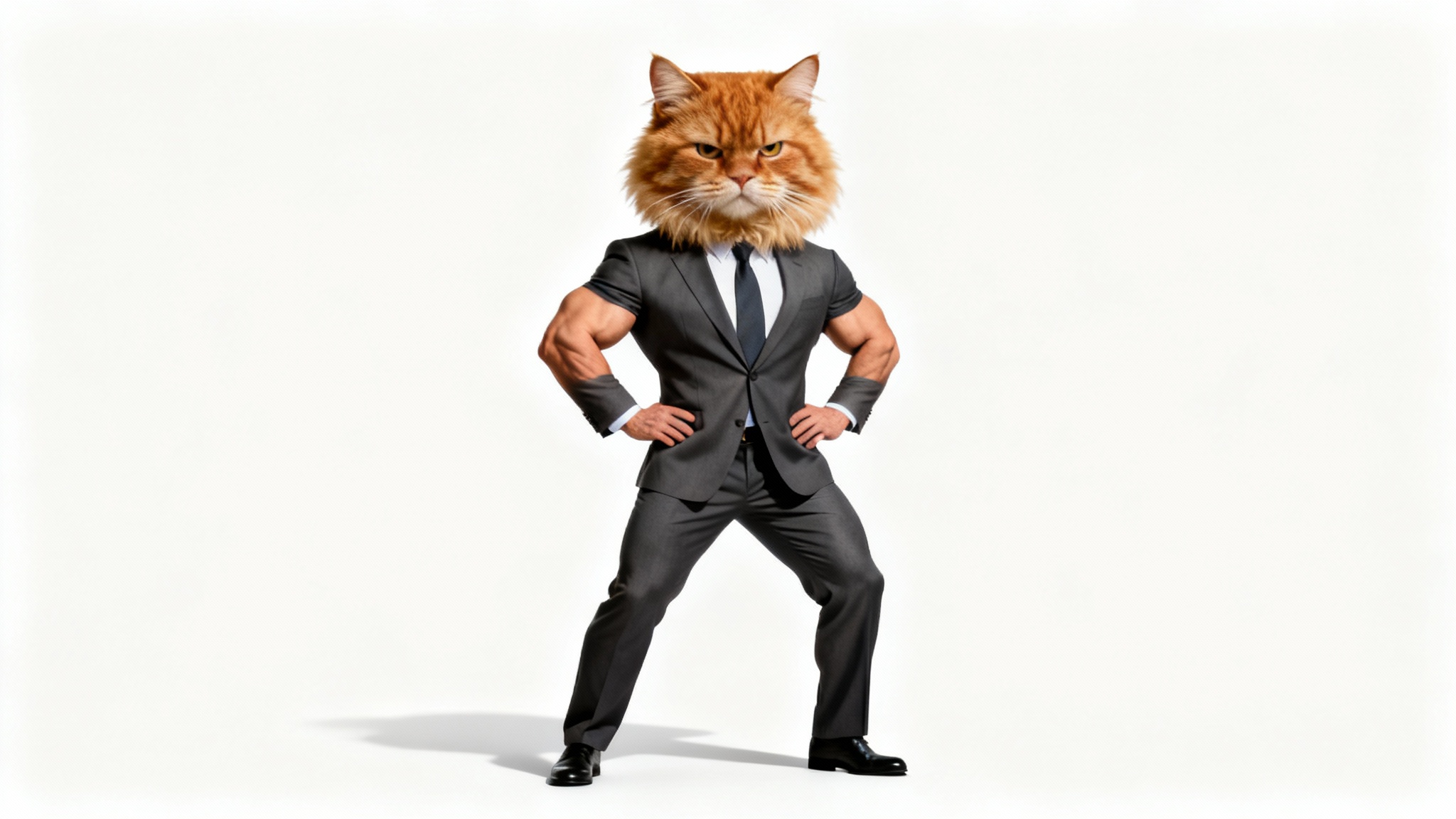 A humorous photo montage of a head swap, featuring a fluffy ginger cat's head on a muscular man's body in a business suit, standing against a clean white background.