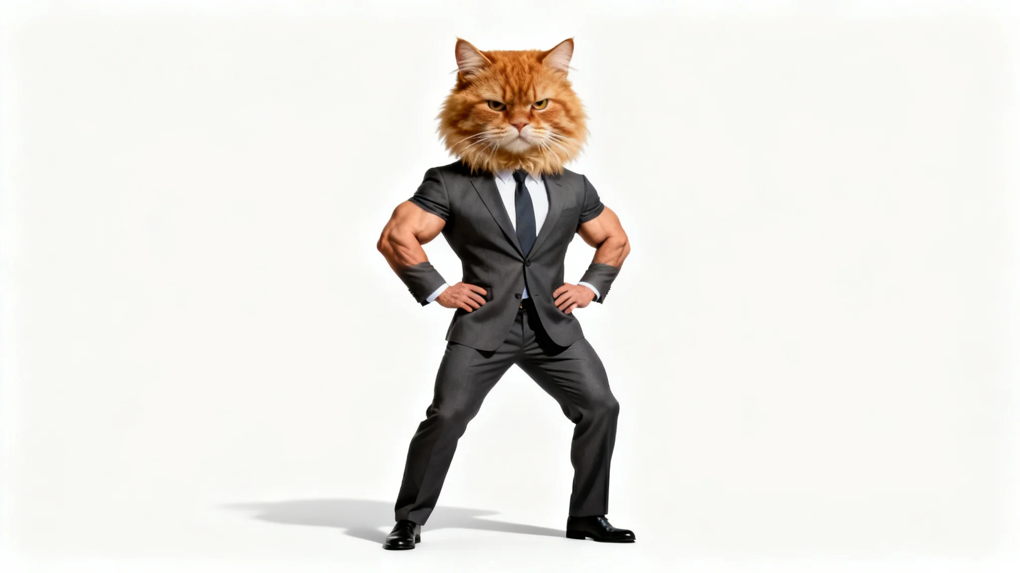 A humorous photo montage of a head swap, featuring a fluffy ginger cat's head on a muscular man's body in a business suit, standing against a clean white background.